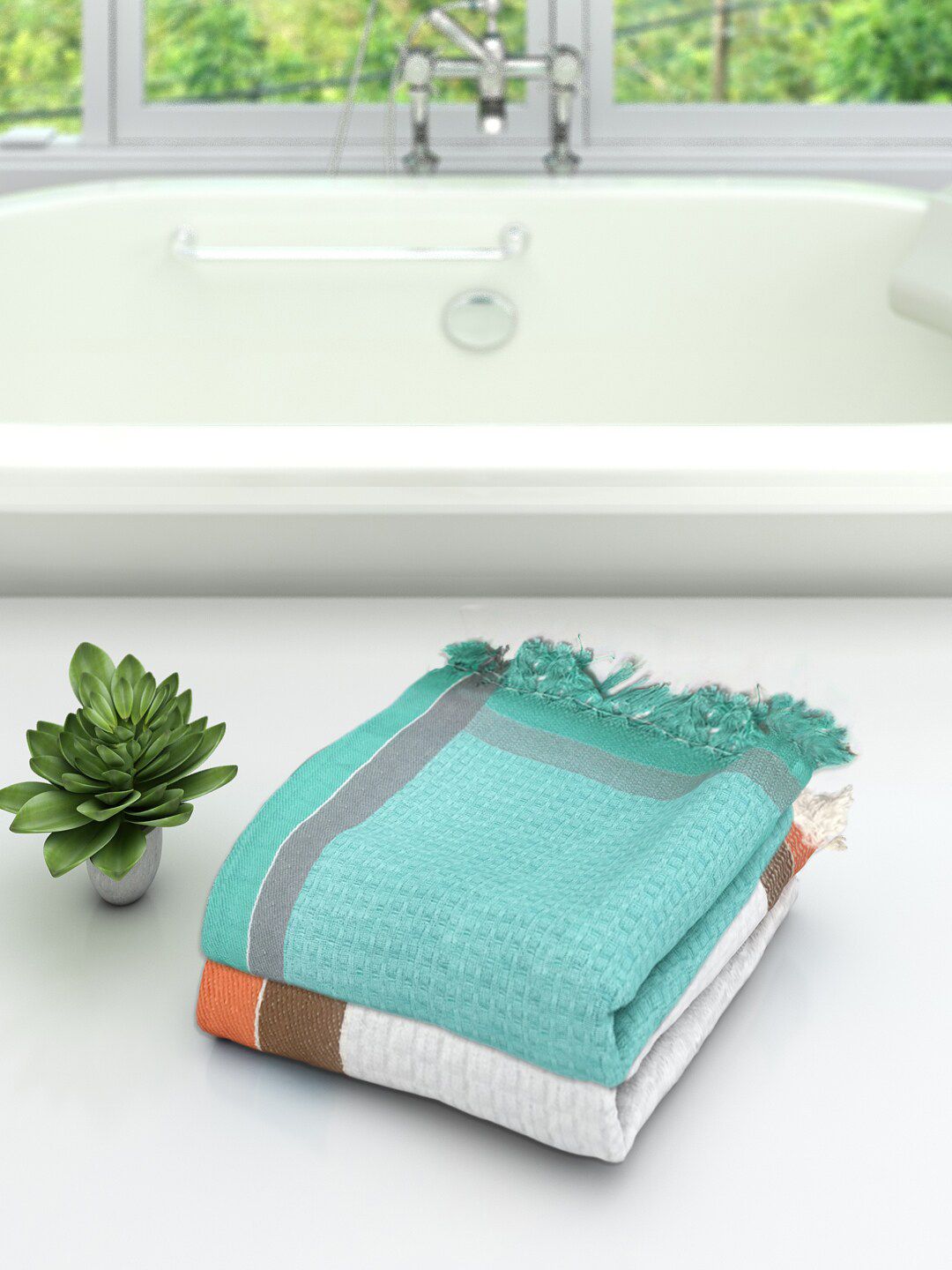 Athom Trendz Set Of 2 Woven-Design Pure Cotton 210 GSM Lightweight Bath Towels Price in India