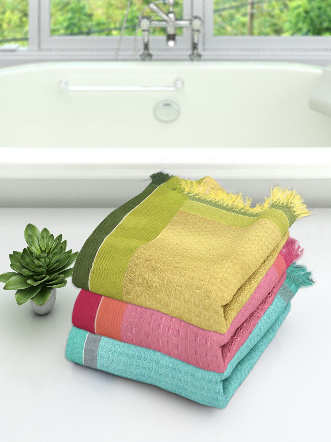 Athom Trendz Set Of 3 Striped Pure Cotton 210 GSM Bath Towels Price in India