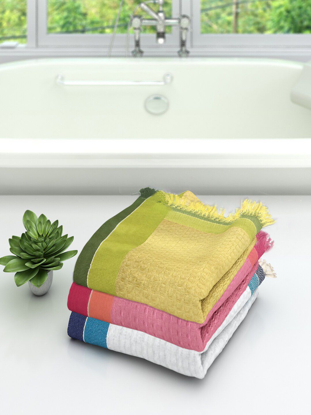 Athom Trendz Set Of 3 Striped Pure Cotton 210 GSM Bath Towels Price in India