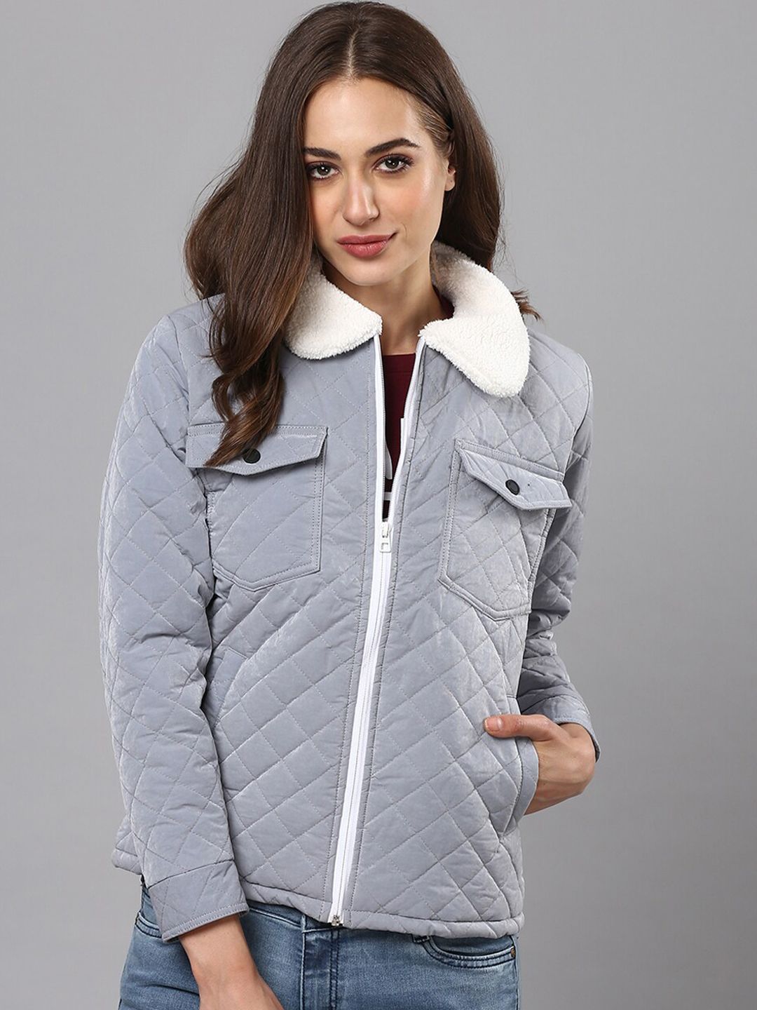 Campus Sutra Women Grey White Windcheater Quilted Jacket Price in India