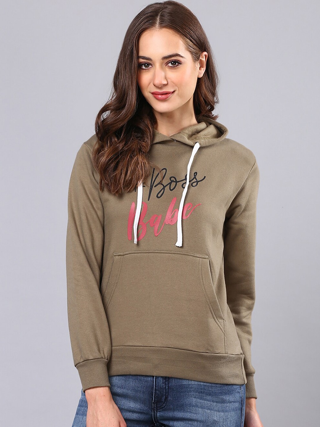 Campus Sutra Women Olive Green Typography Printed Hooded Sweatshirt Price in India