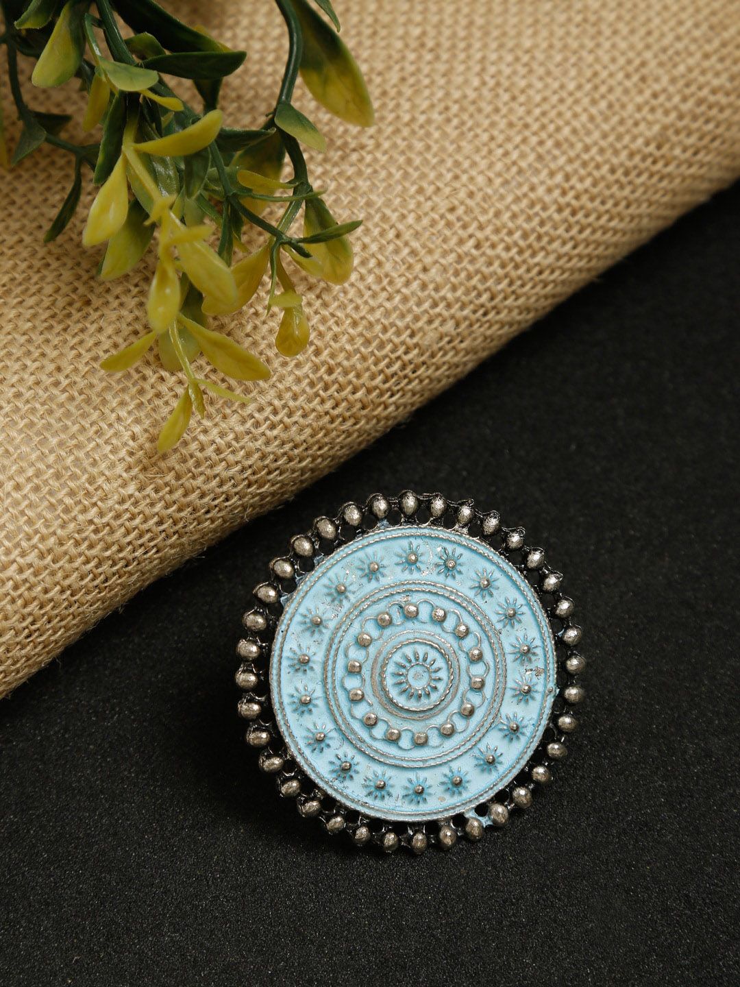NEUDIS Oxidised Silver-Plated Blue & White Contemporary Antique Ethnic Statement Ring Price in India