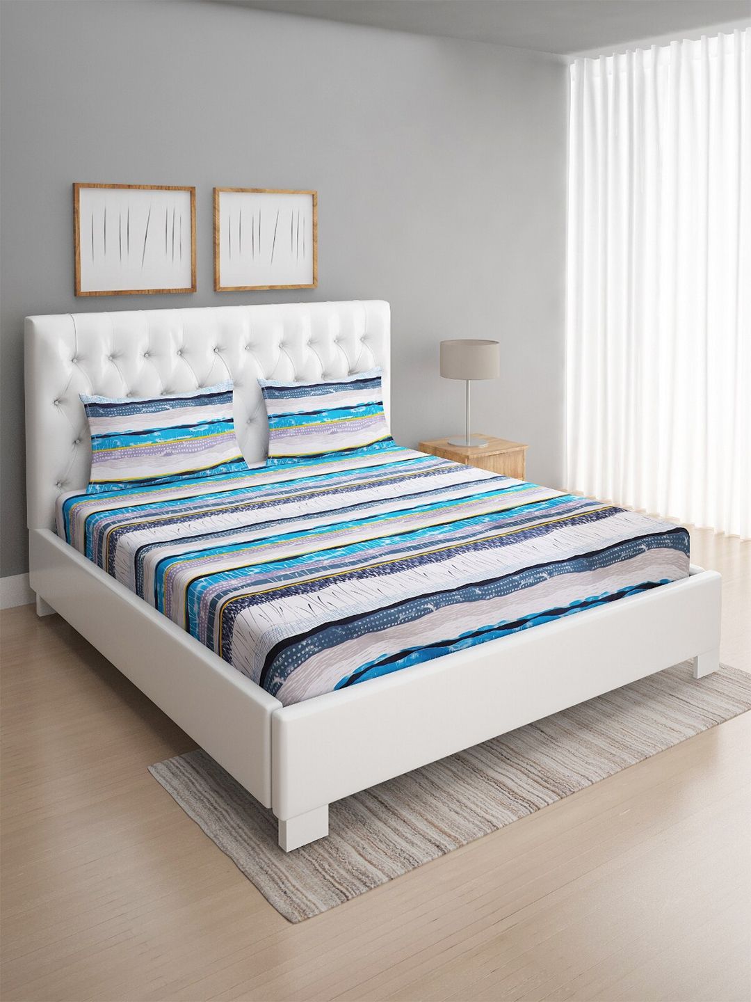 ROMEE Off White & Turquoise Blue 144 TC Queen Bedsheet with 2 Pillow Covers Price in India