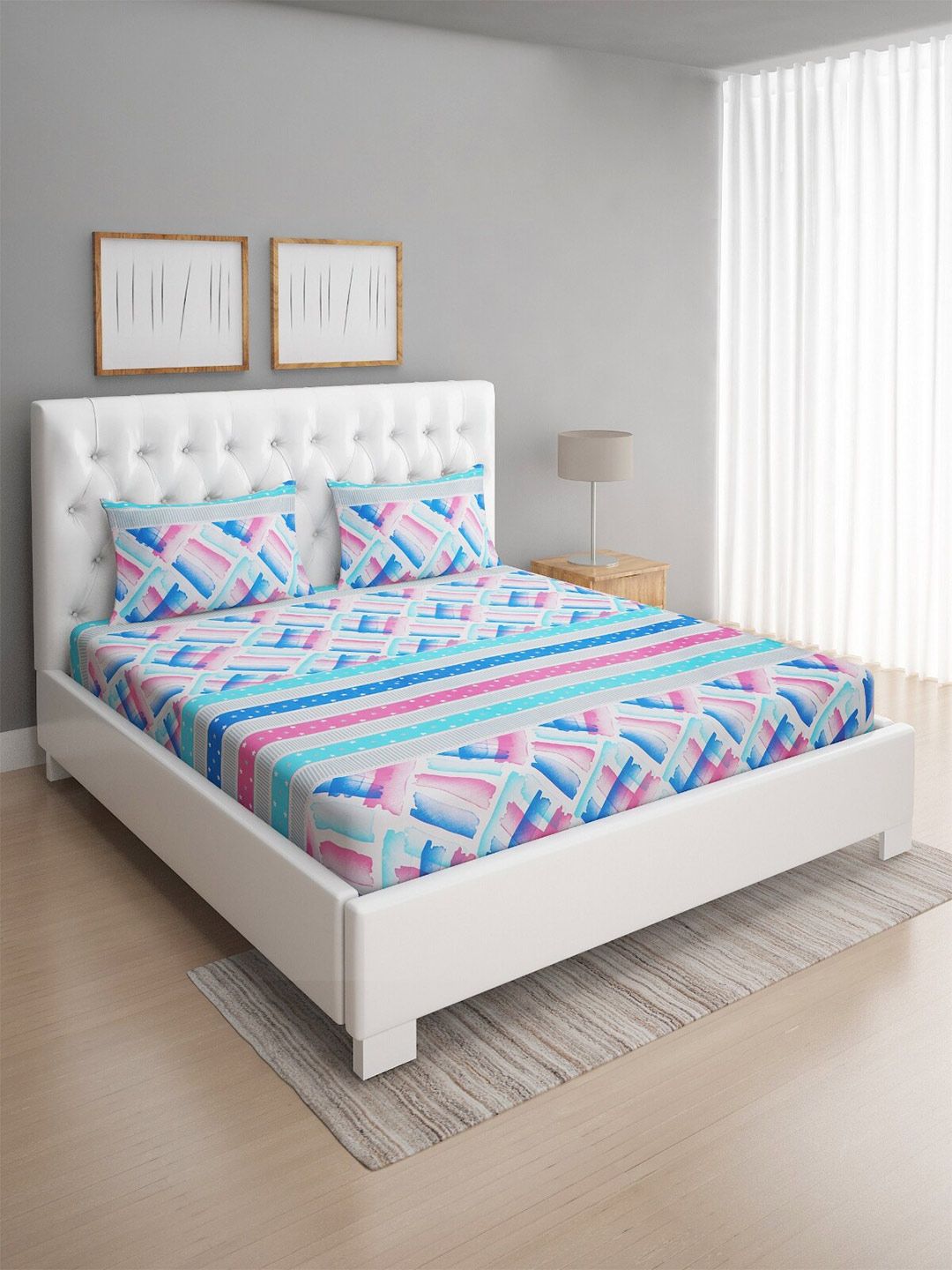 ROMEE Blue Geometric 144 TC Queen Bedsheet with 2 Pillow Covers Price in India