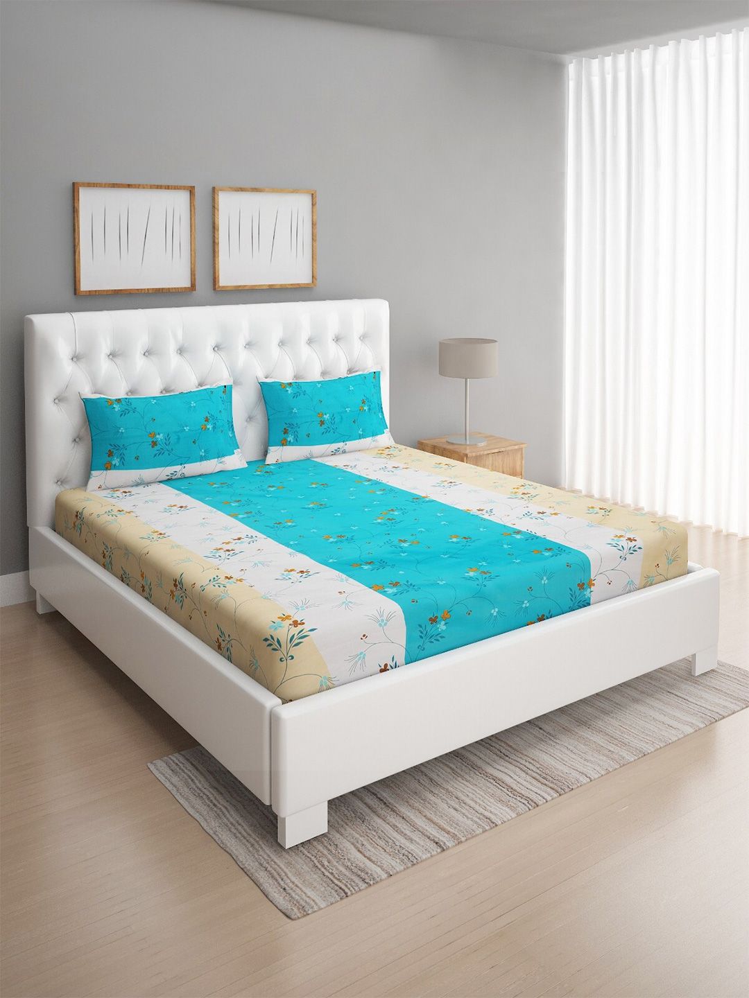 ROMEE Blue & Beige Floral Printed 144 TC Cotton Queen Bedsheet with 2 Pillow Covers Price in India