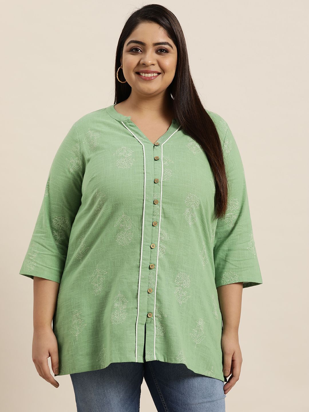 Sztori Women Plus Size Green Pure Cotton Floral Printed Kurti