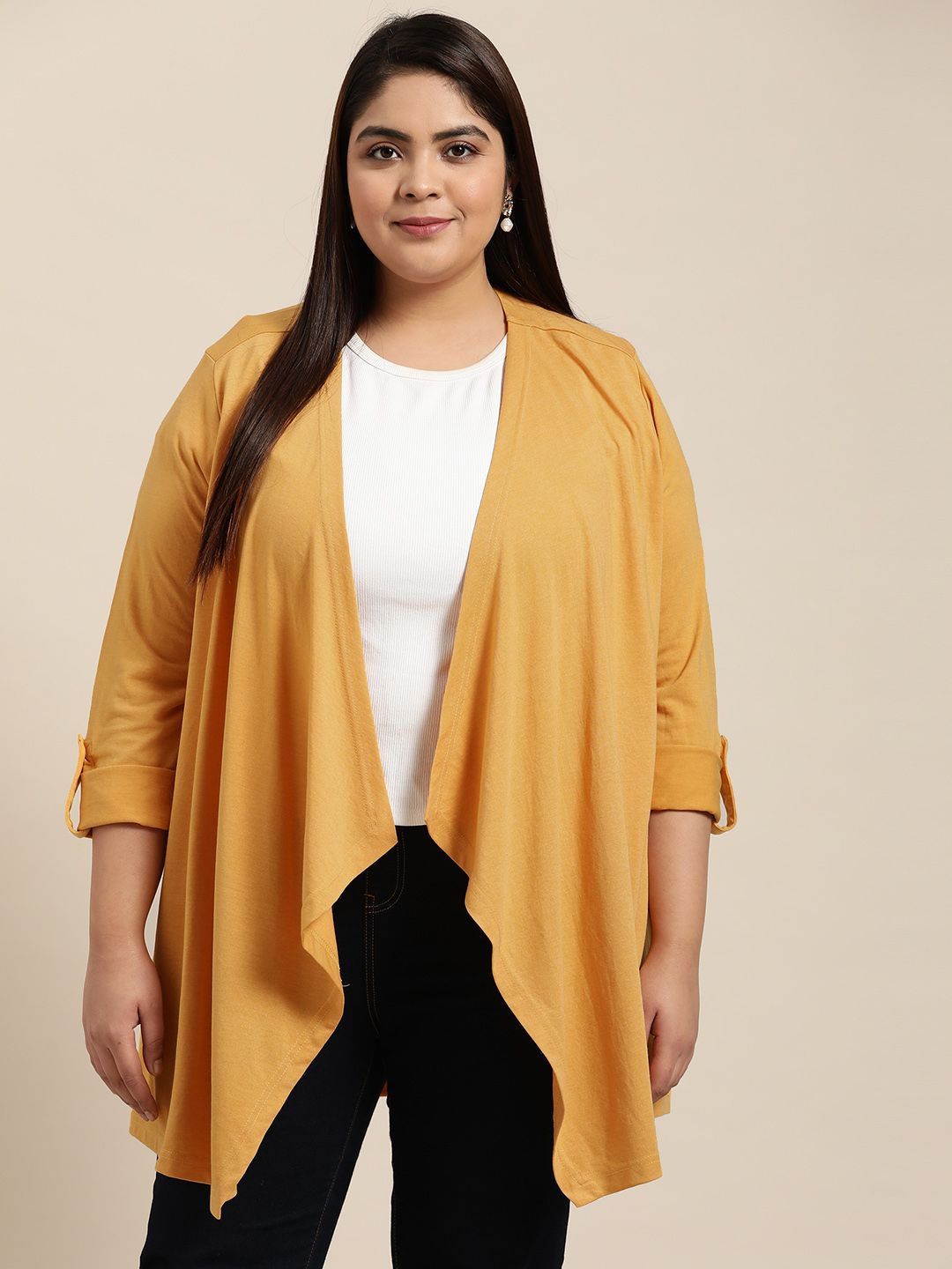 Sztori Women Plus Size Mustard Yellow Solid Shrug Price in India