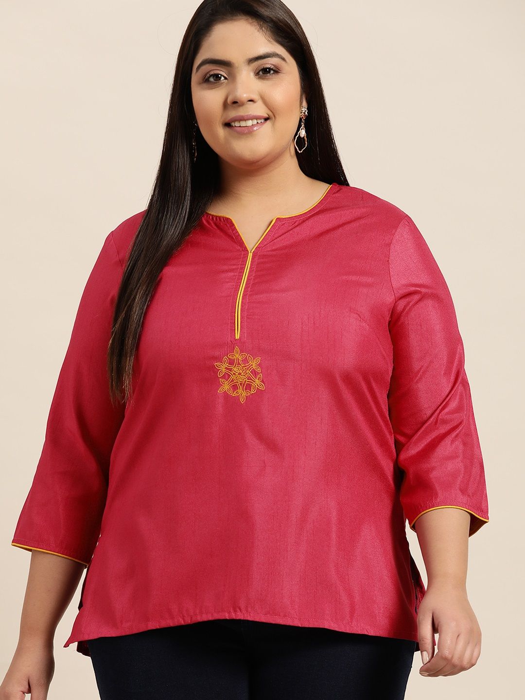 Sztori Plus Size Pink Thread Work Straight Kurti Price in India