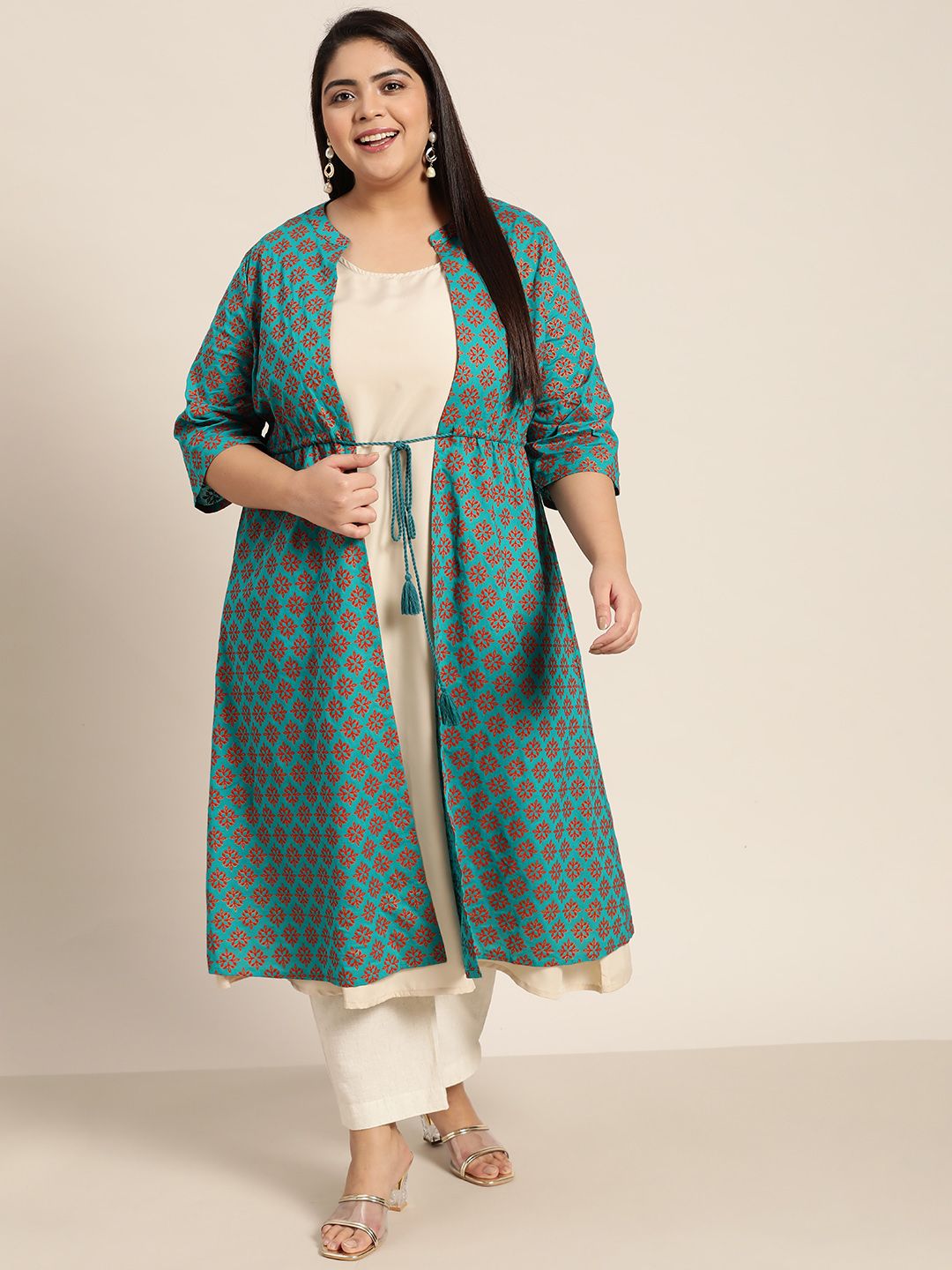 Sztori Women Plus Size Blue & Maroon Printed Ethnic Pure Cotton Longline Tie-Up Shrug Price in India
