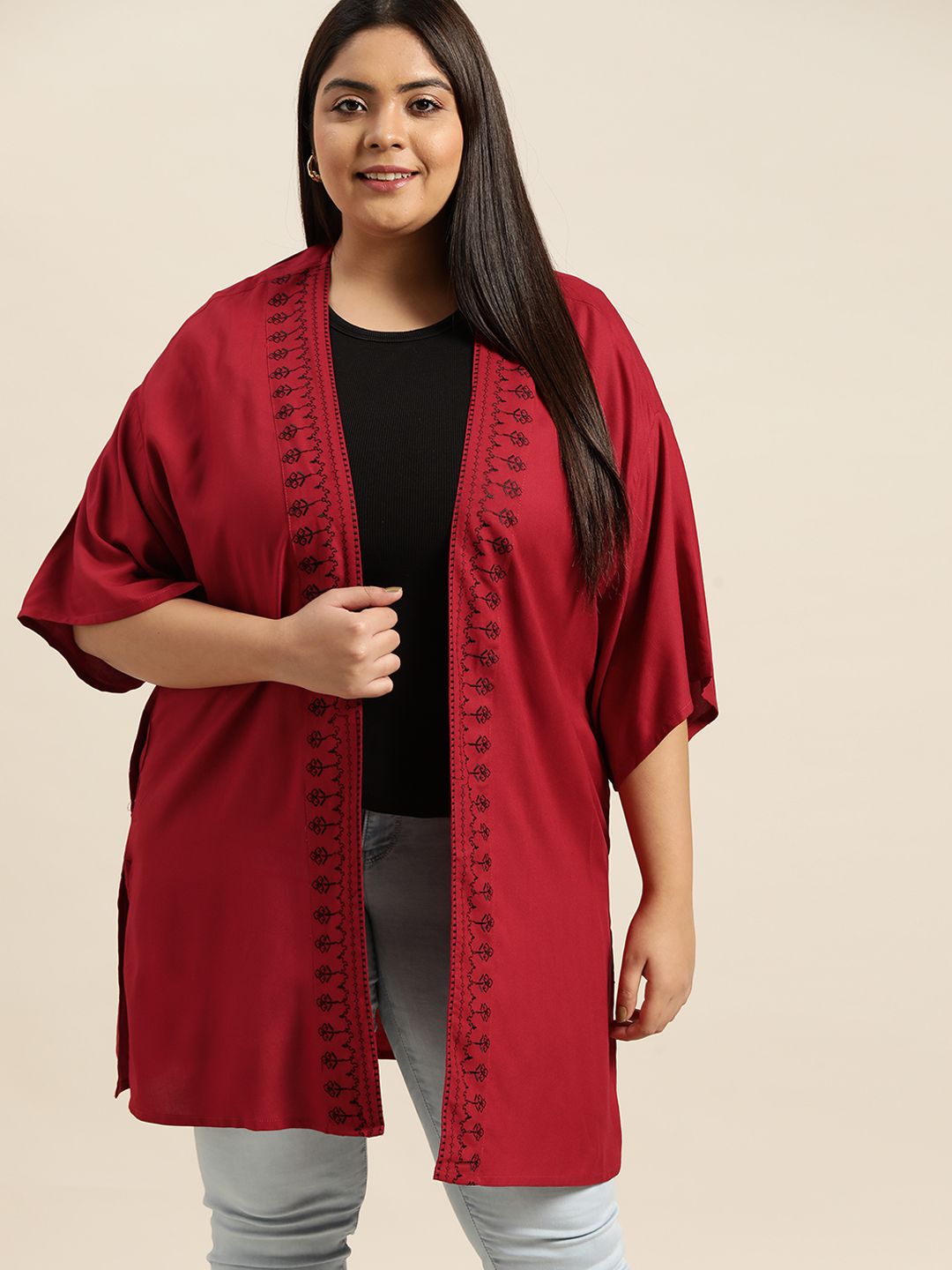 Sztori Women Plus Size Red & Black Ecovero Longline Shrug Price in India