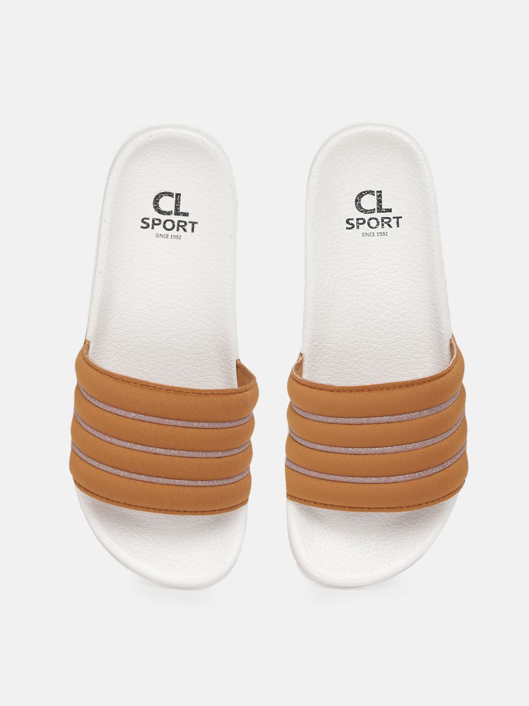 Carlton London sports Women Tan Brown & White Glitter Striped Puffy Sliders Price in India