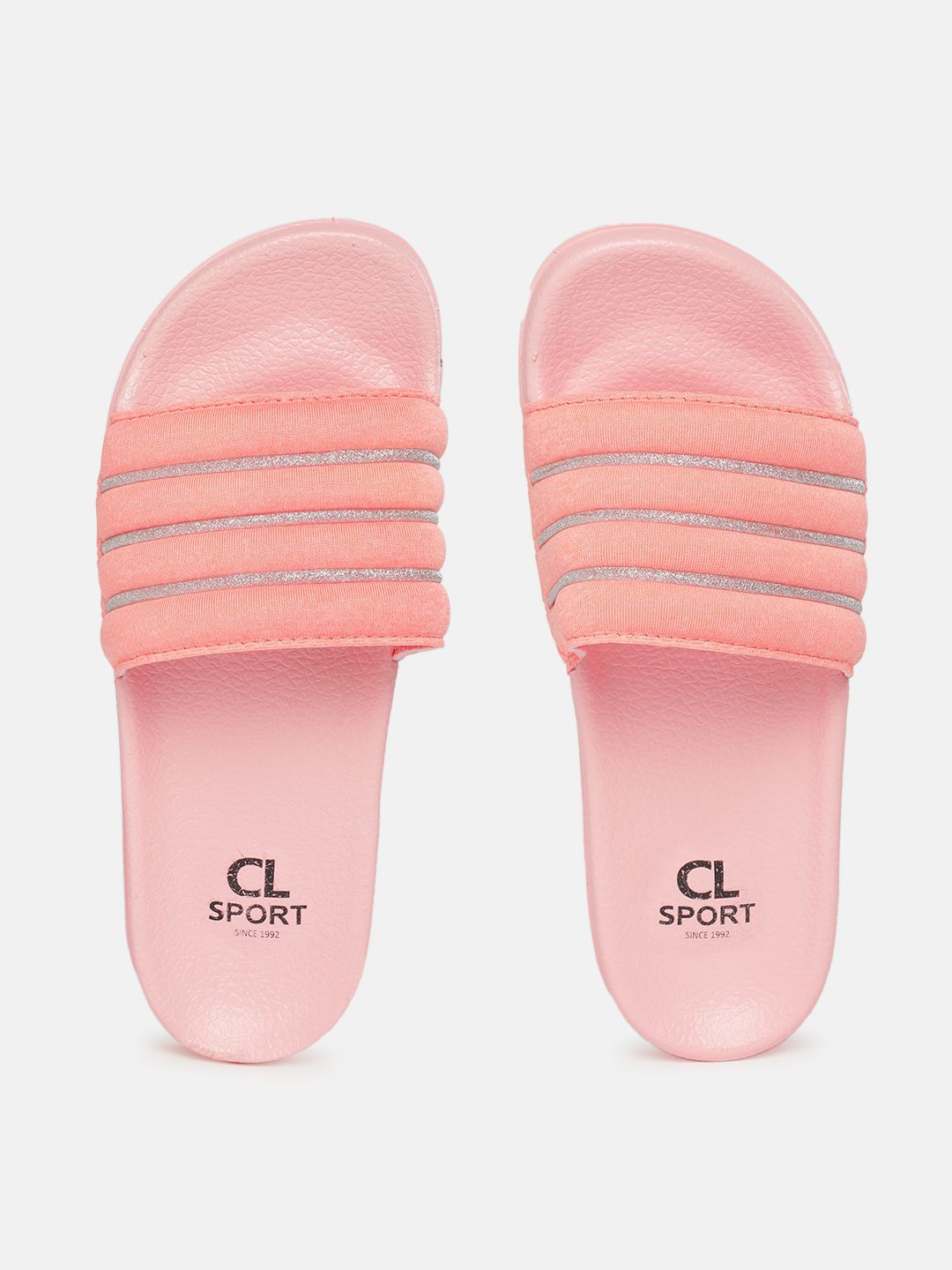 Carlton London sports Women Coral Orange & White Glitter Striped Puffy Sliders Price in India