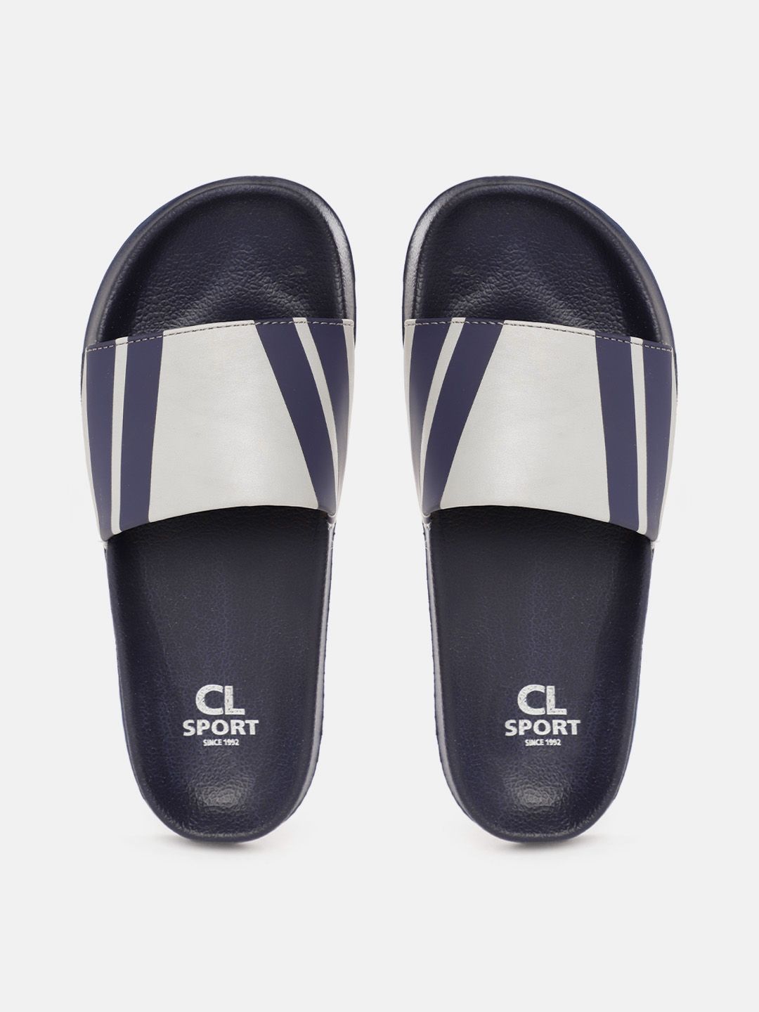 Carlton London sports Women Grey & Navy Blue Striped Sliders Price in India