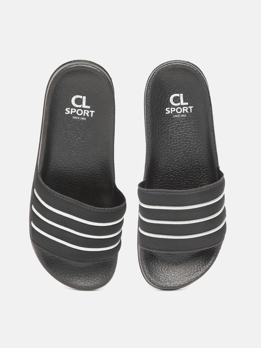 Carlton London sports Women Black & Silver-Toned Glitter Striped Puffy Sliders Price in India