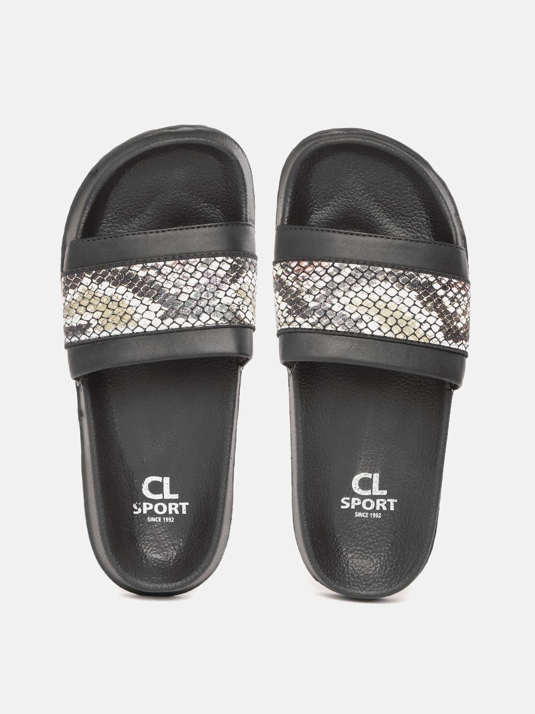 Carlton London sports Women Black & Olive Green Snakeskin Texture Sliders Price in India