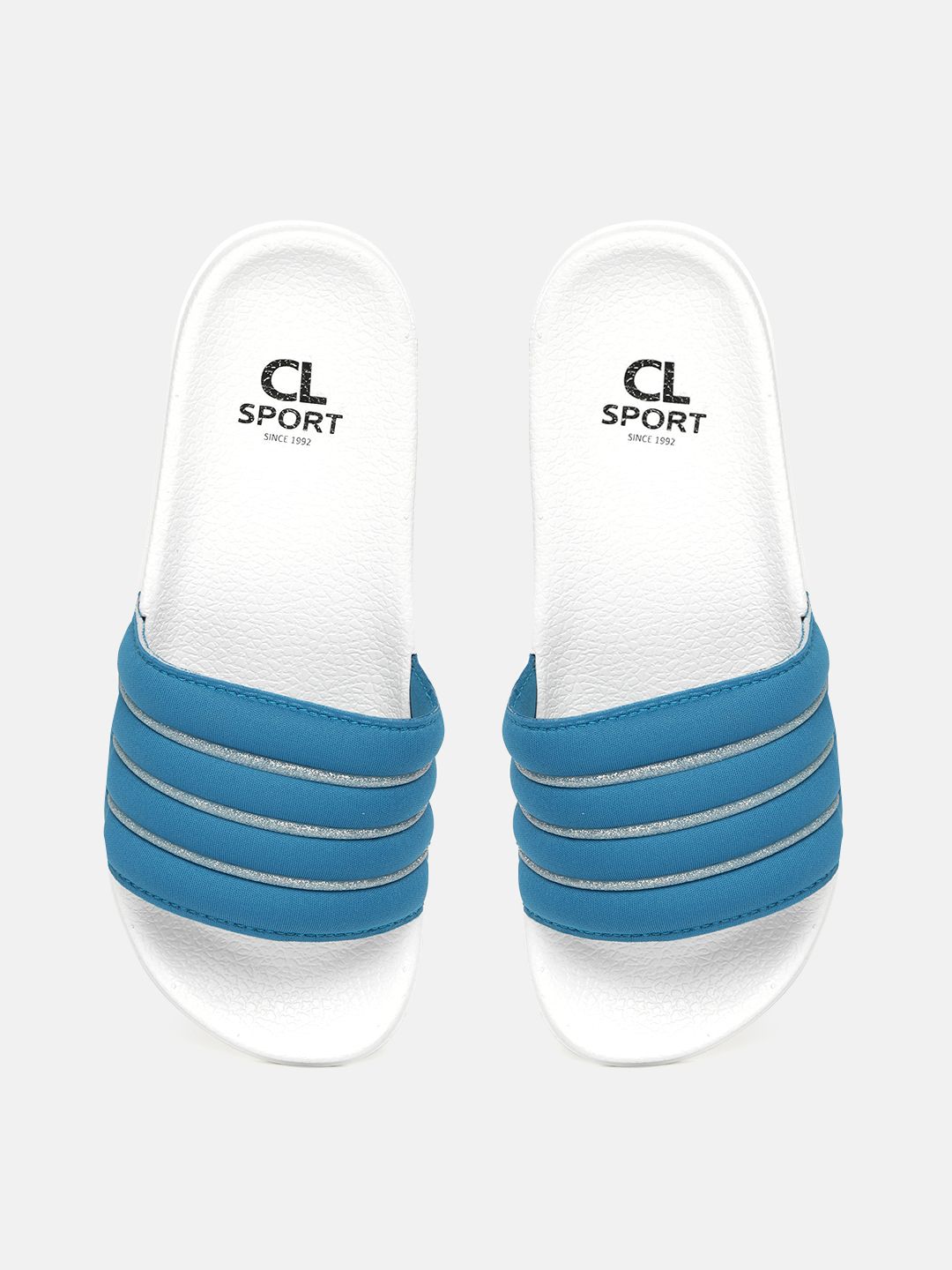 Carlton London sports Women Teal Blue & White Glitter Striped Puffy Sliders Price in India