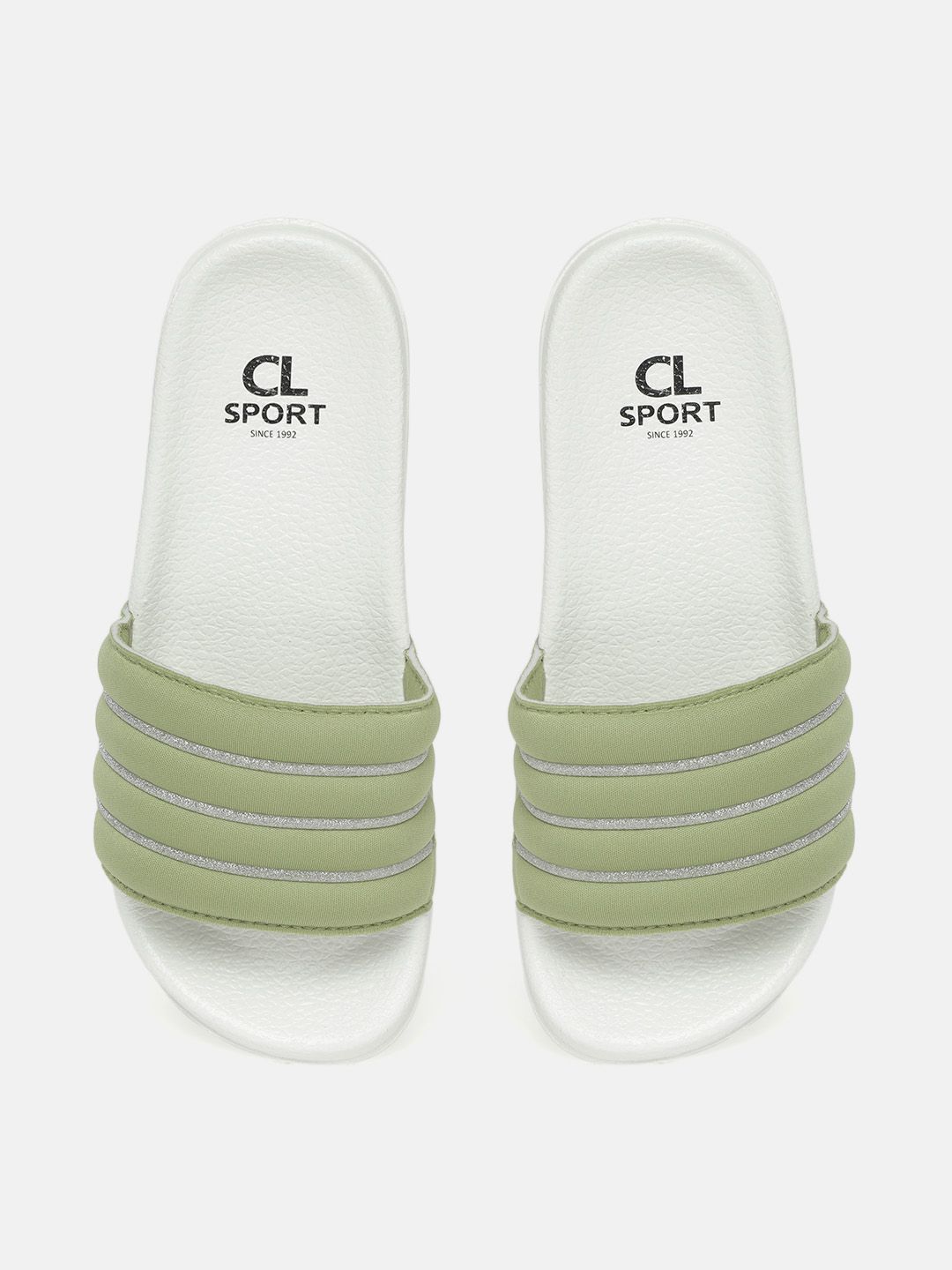 Carlton London sports Women Pista Green & White Glitter Striped Puffy Sliders Price in India