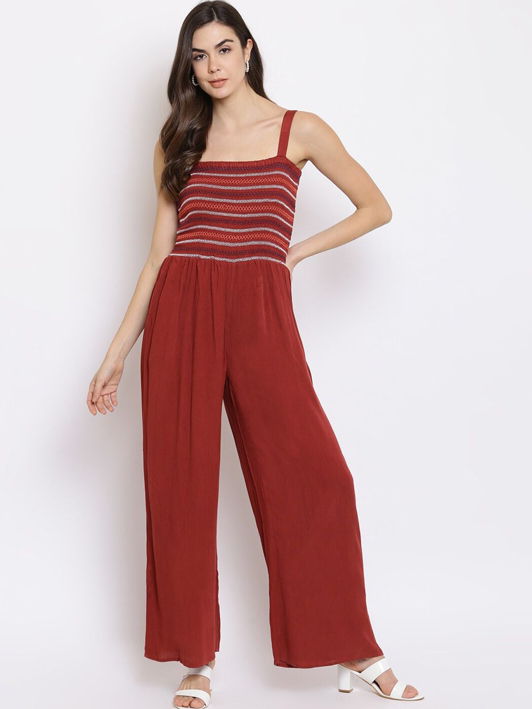 Mayra Maroon Striped Basic Jumpsuit with Embroidered Price in India