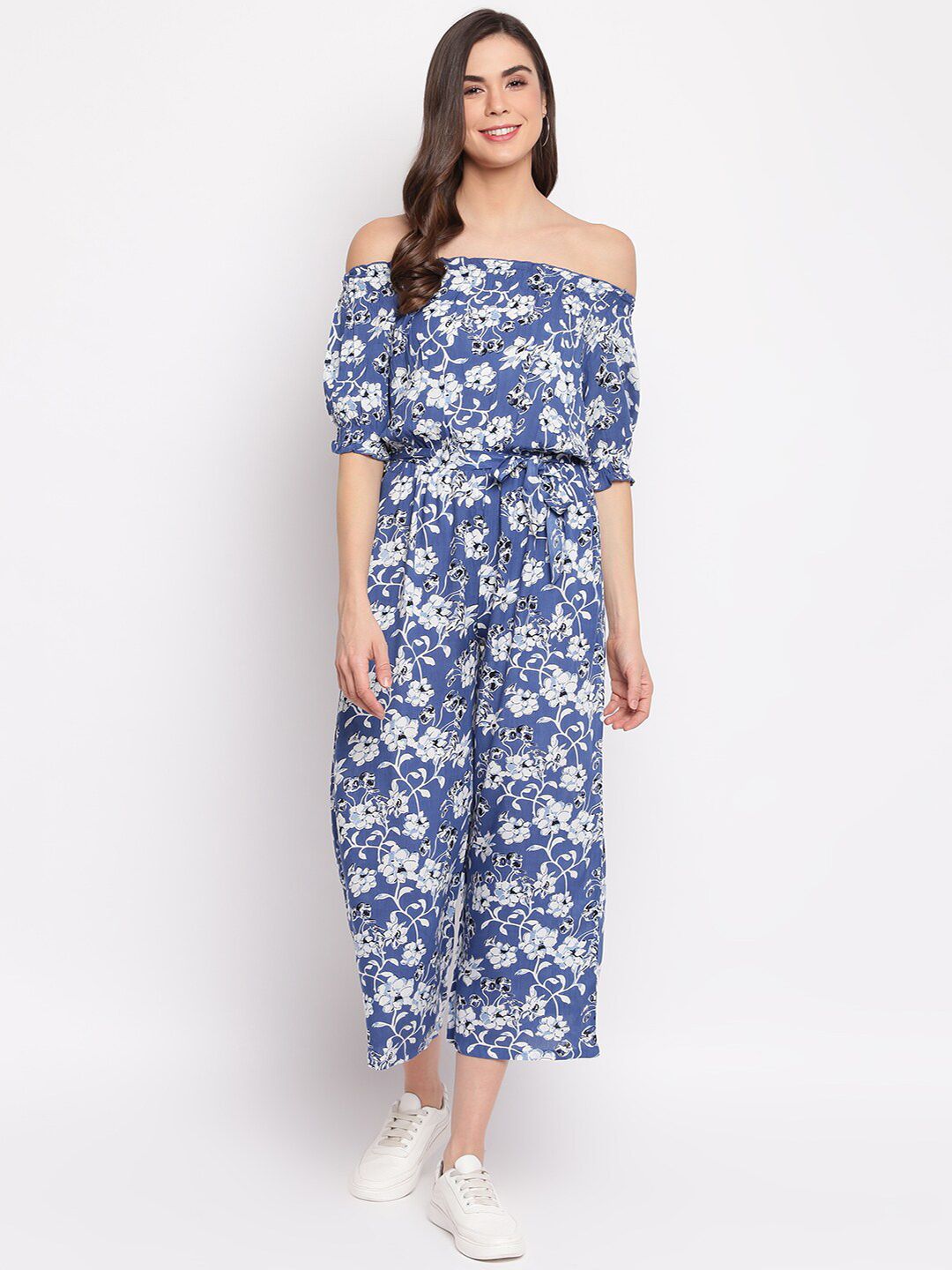 Mayra Women Blue & White Off-Shoulder Printed Basic Jumpsuit Price in India