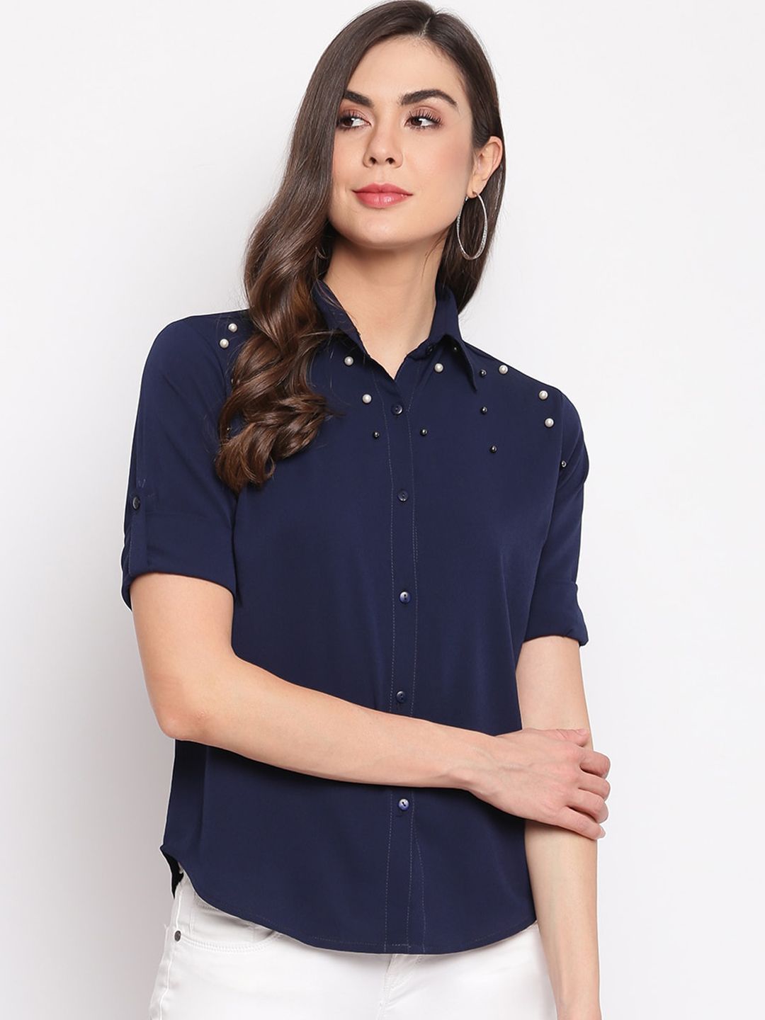 Mayra Women Navy Blue Slim Fit Embellished Casual Shirt