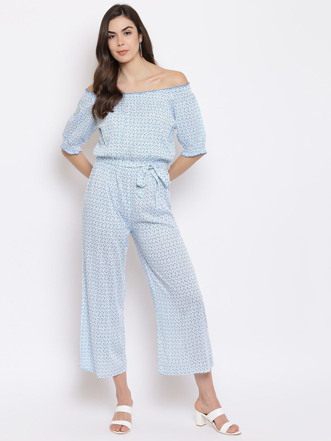 Mayra Women Blue & White Off-Shoulder Printed Basic Jumpsuit Price in India