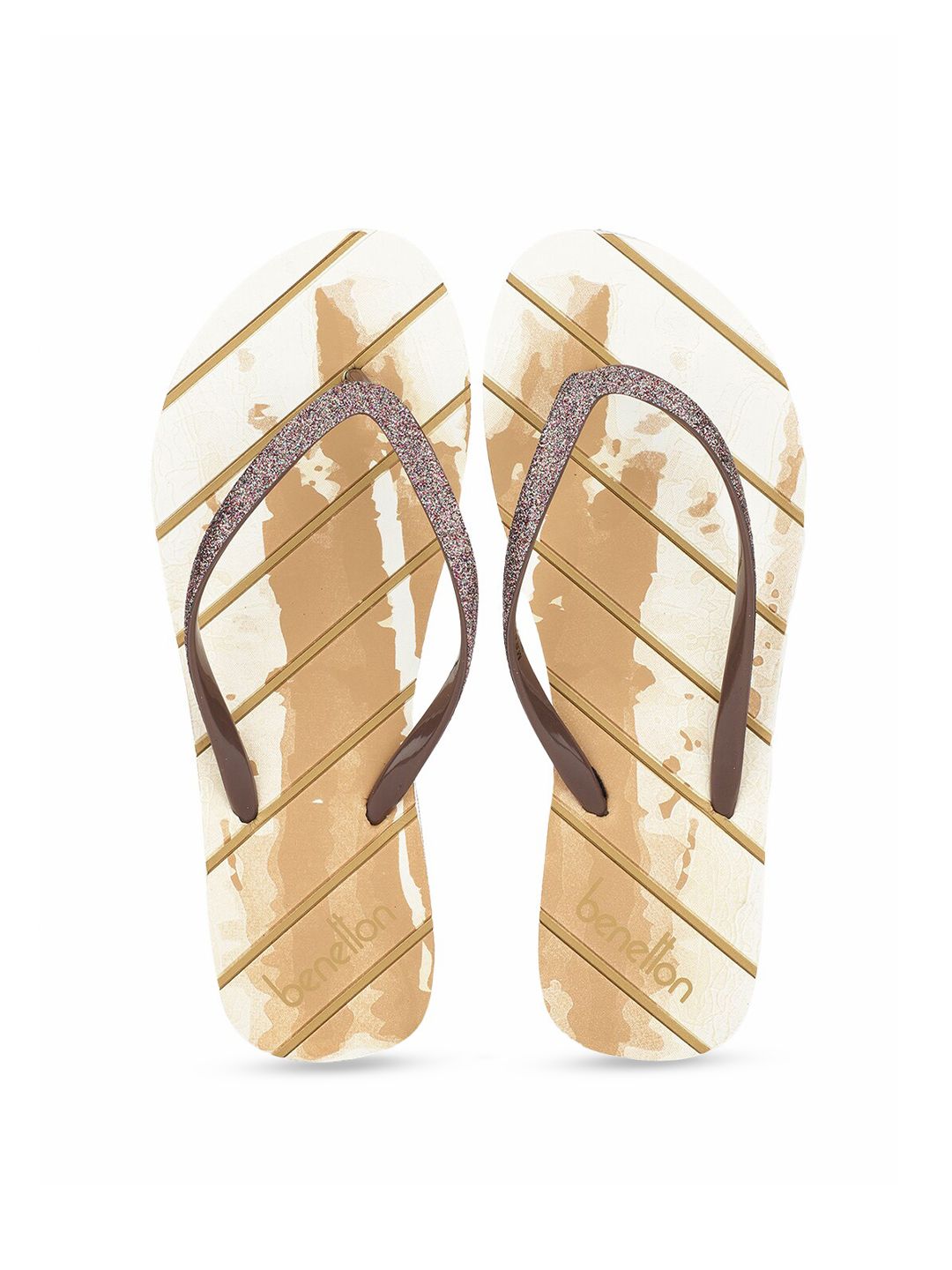 United Colors of Benetton Women Beige & Brown Striped Thong Flip-Flops Price in India