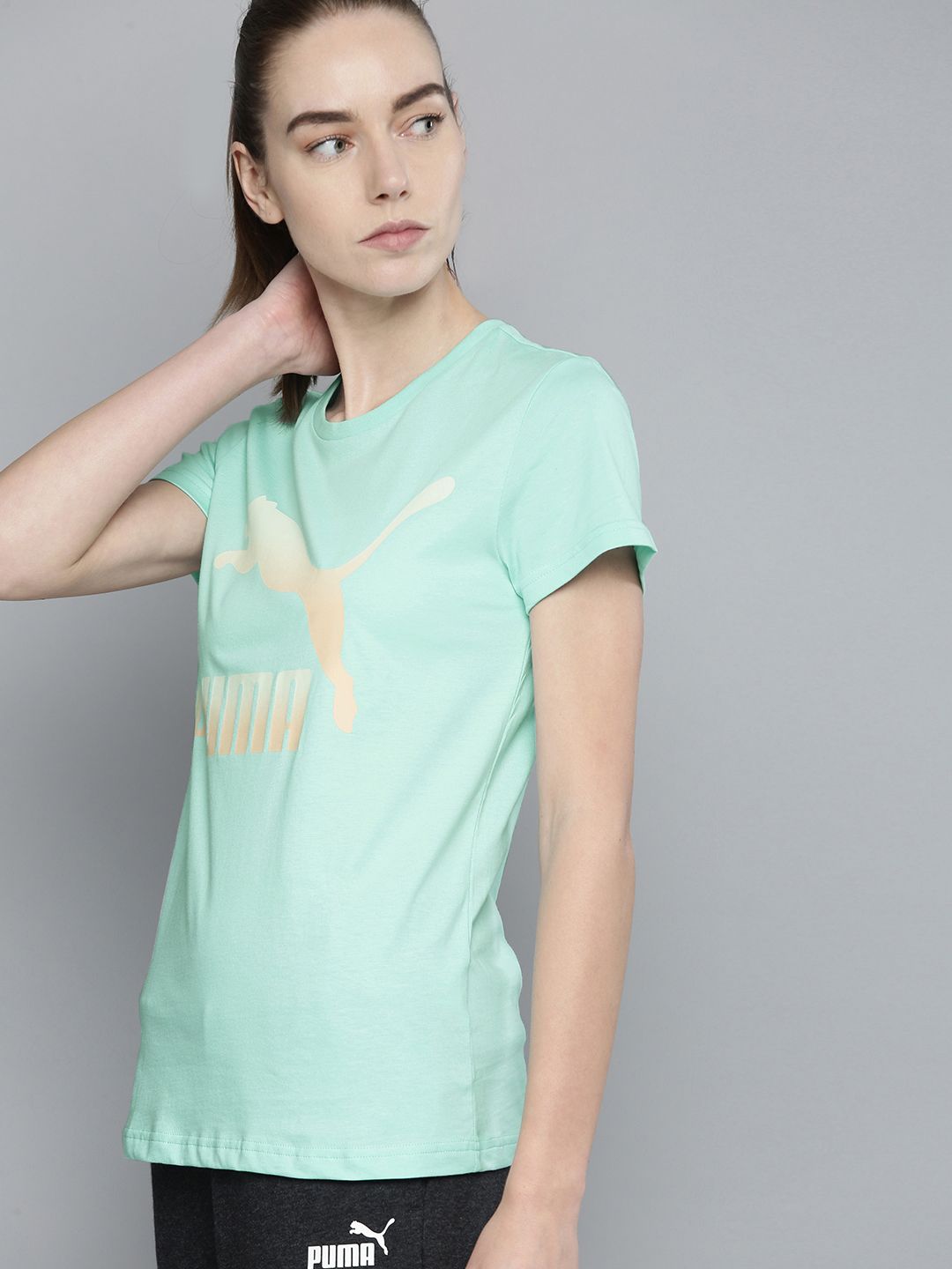 Puma Women Sea Green Classics Brand Logo Printed Pure Cotton T-shirt Price in India