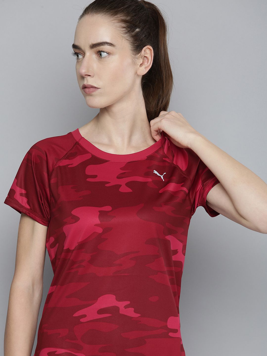 Puma Women Red RUN Graphic Camouflage Printed Running T-shirt Price in India
