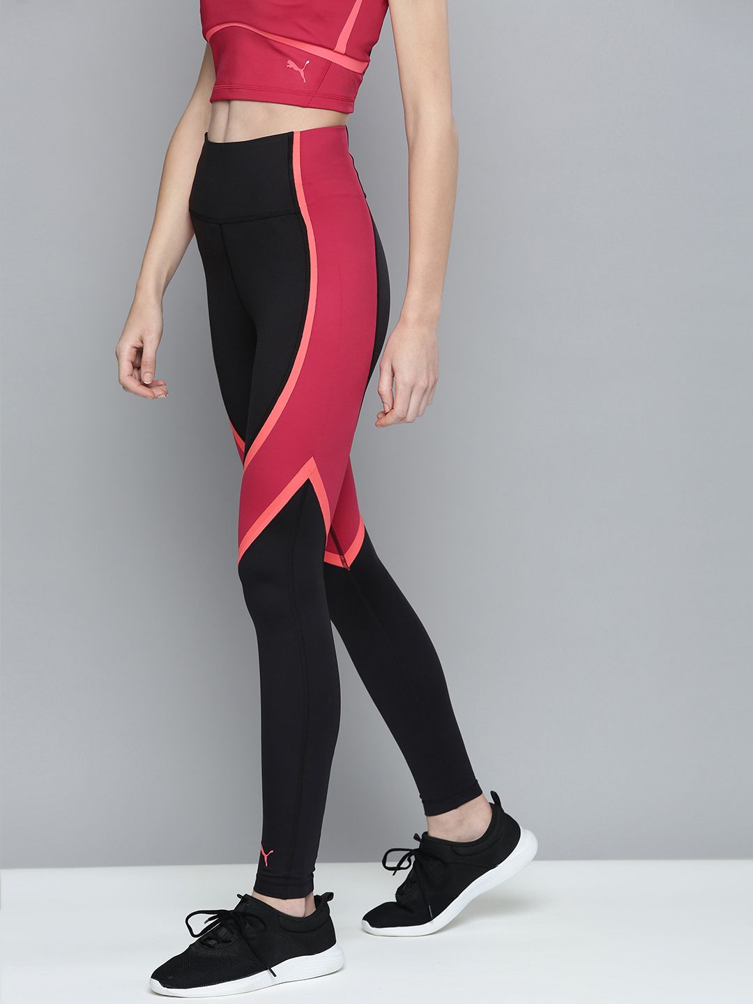 Puma Women Black & Red Colourblocked DryCell Eversculpt Training Slim Tights Price in India