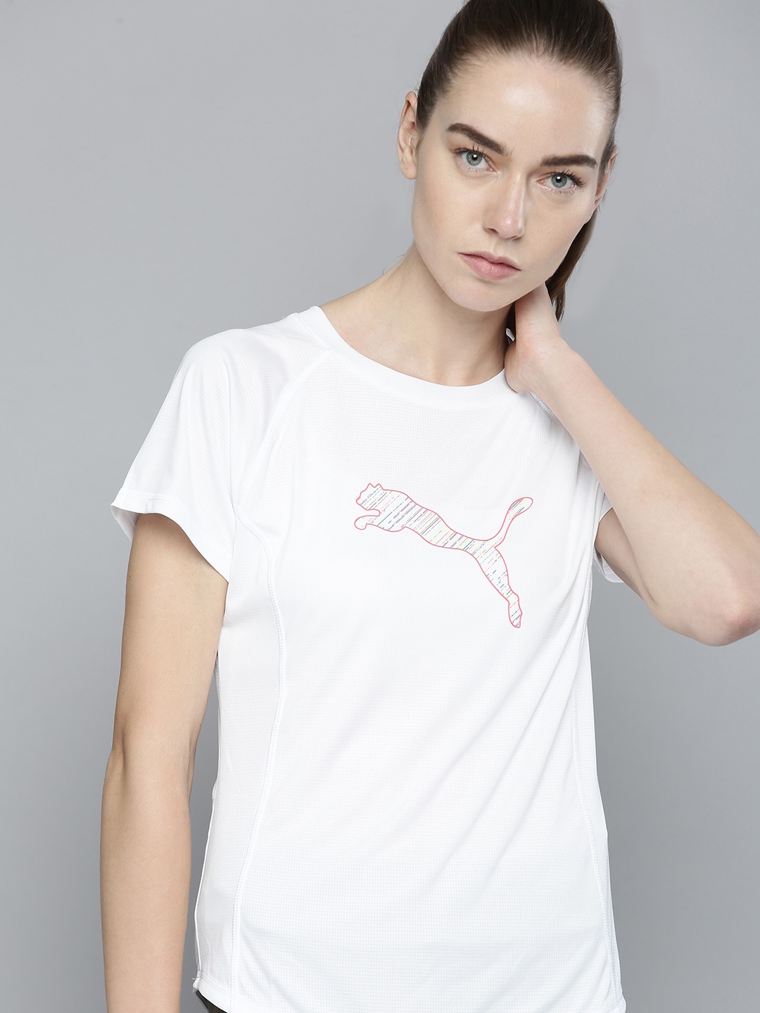 Puma Women White RUN Brand Logo Printed Slim Fit Running T-shirt Price in India