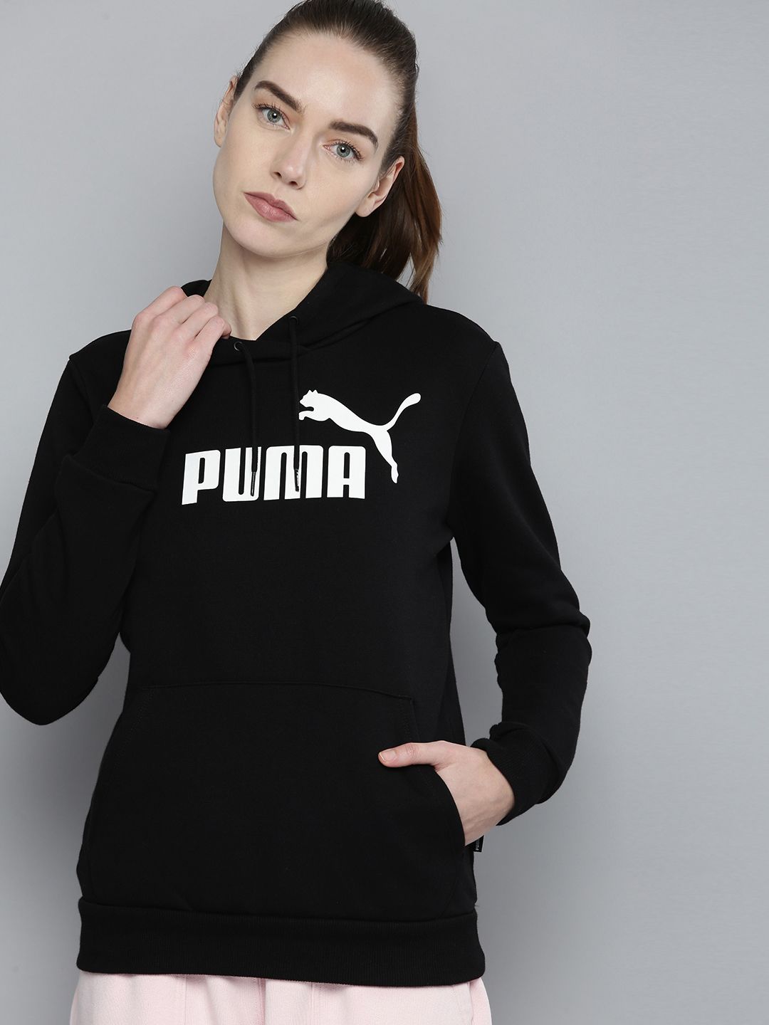 Puma Women Black Printed Essentials Logo Hooded Sweatshirt Price in India
