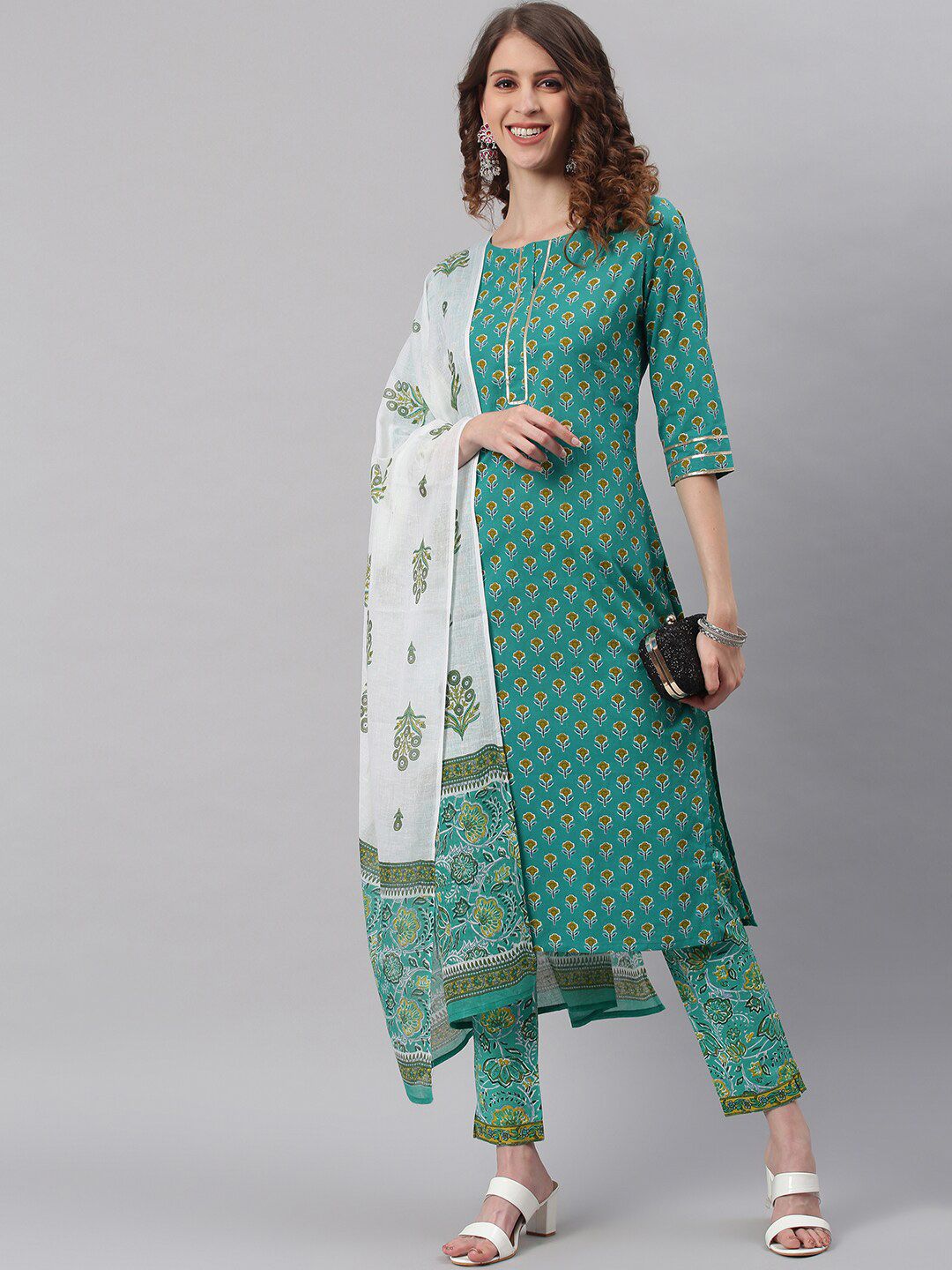 Janasya Women Green Ethnic Motifs Printed Pure Cotton Kurti with Trousers & Dupatta