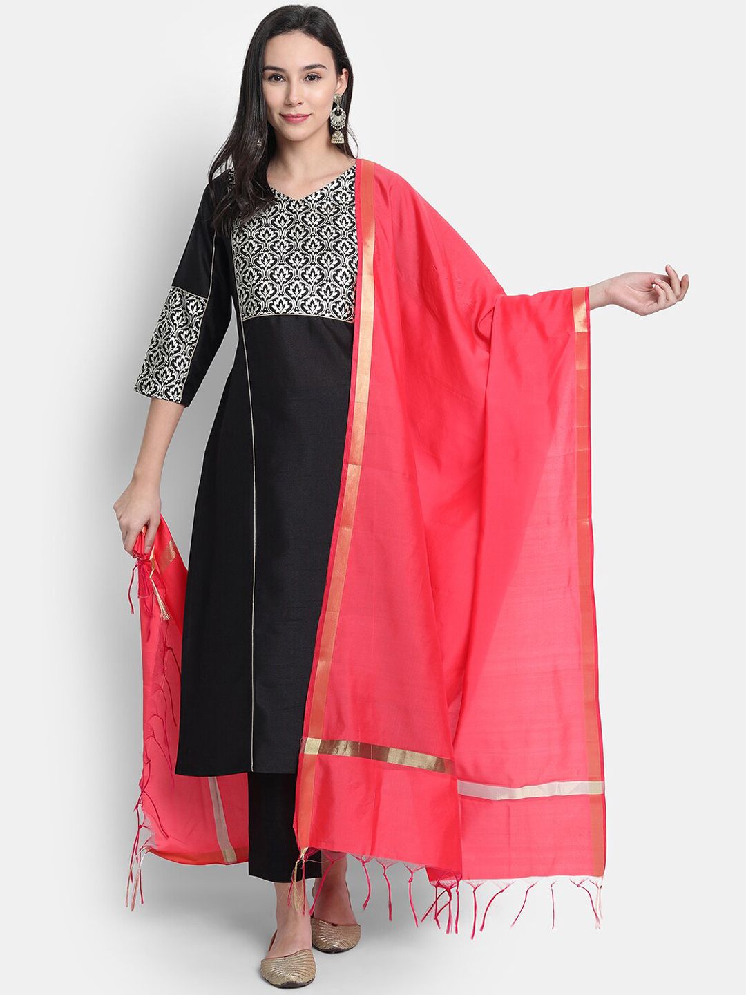 Janasya Women Black Yoke Design Kurta with Trousers & Dupatta