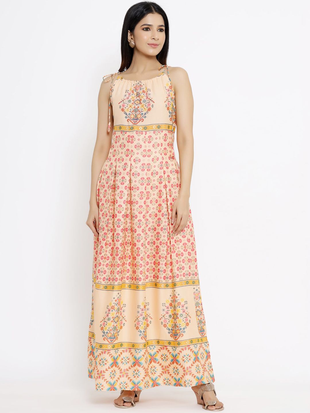 DIVYANK Women Peach-Coloured Ethnic Motifs Maxi Dress Price in India