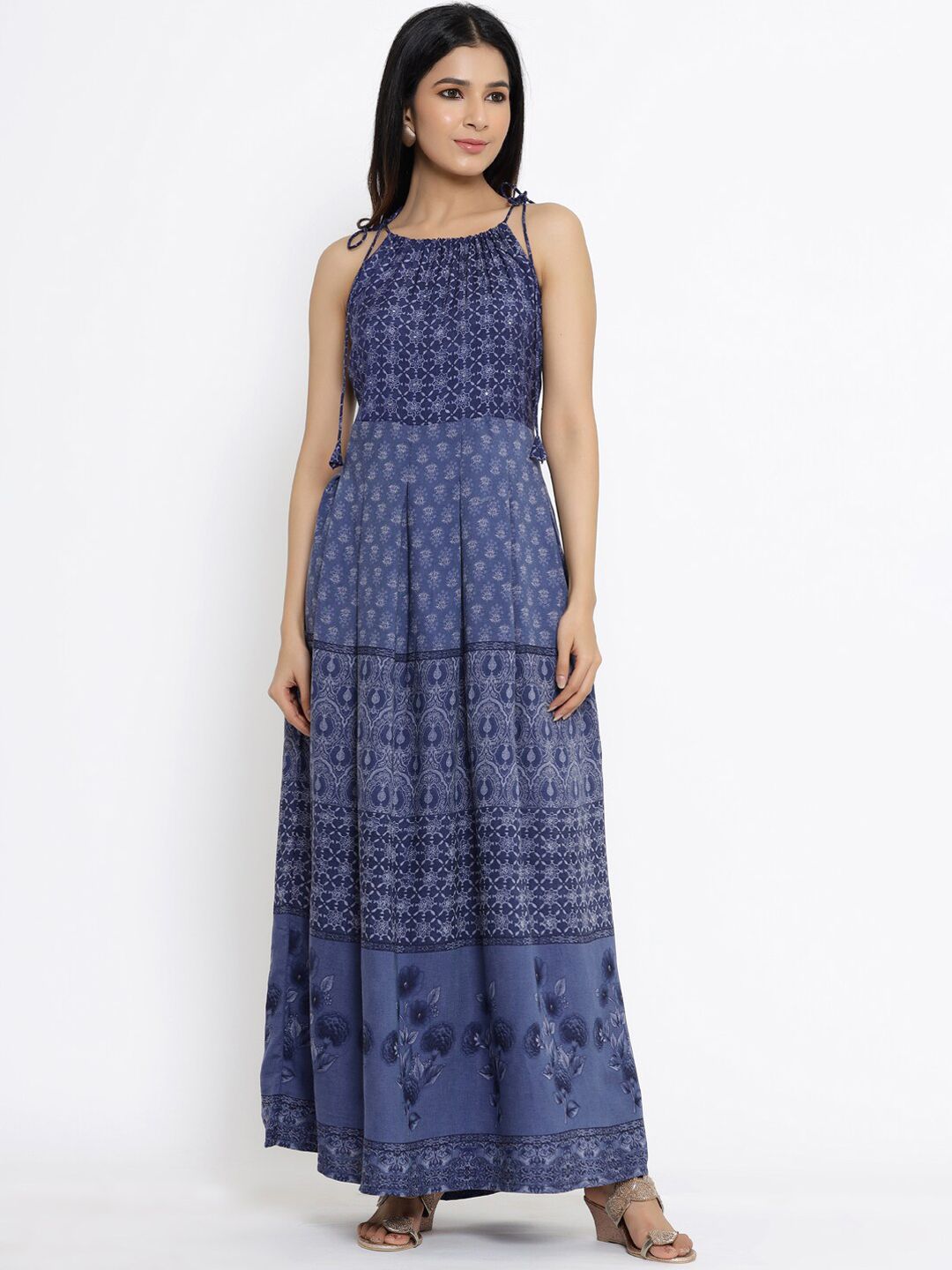 DIVYANK Blue Ethnic Motifs Halter Neck Maxi Dress Price in India