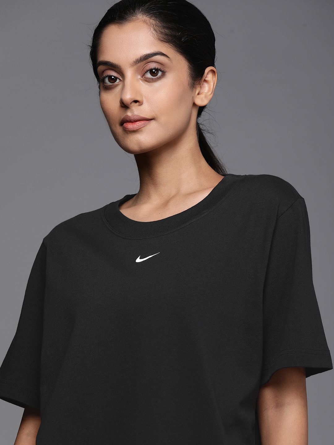 Nike Women Black Solid Pure Cotton SW Essentials Boxy Fit Pure Cotton T-shirt Price in India