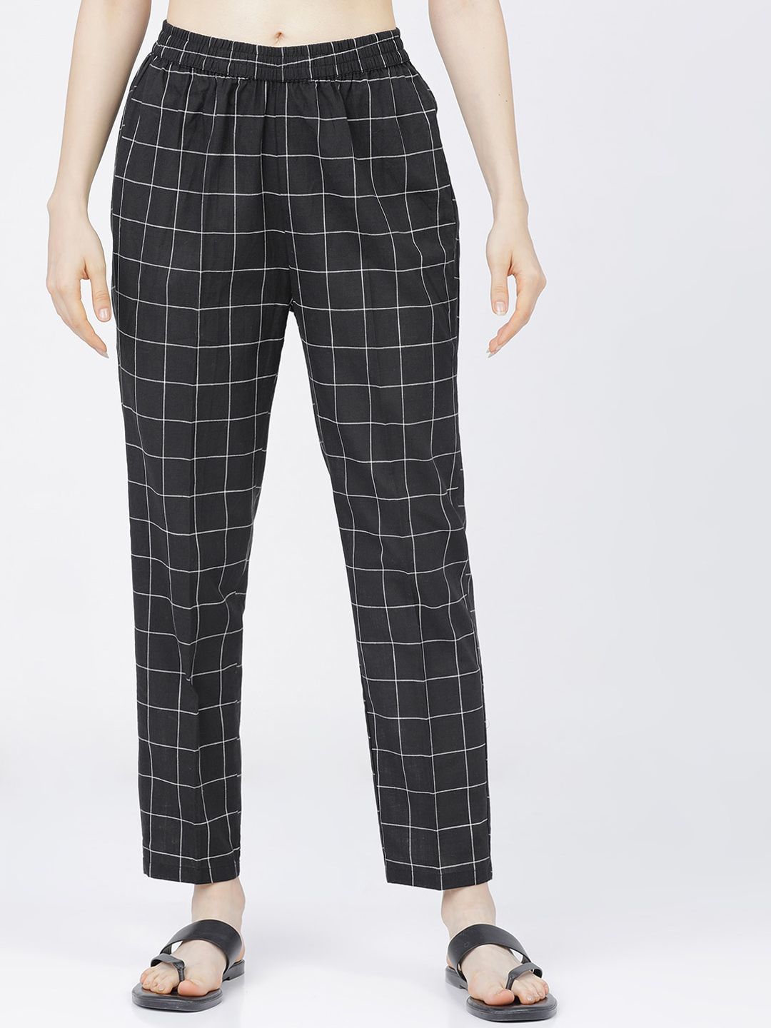 Vishudh Women Black Checked Slim Fit Trousers Price in India