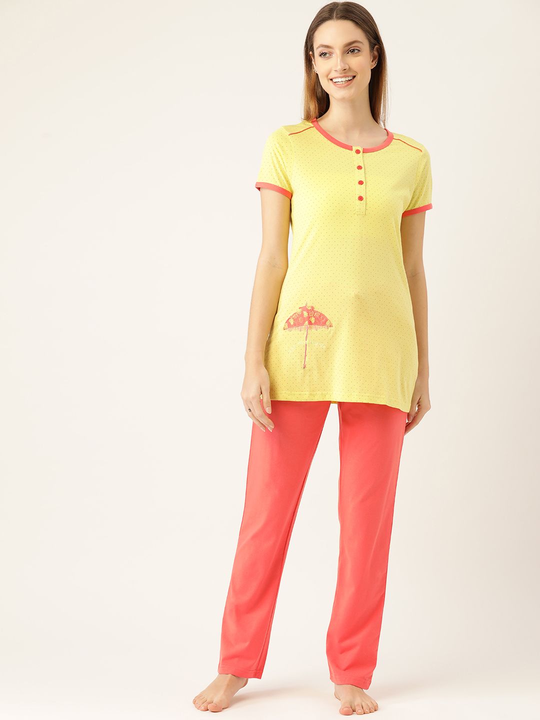 Sweet Dreams Women Yellow & Coral Pink Pure Cotton Printed Night suit Price in India