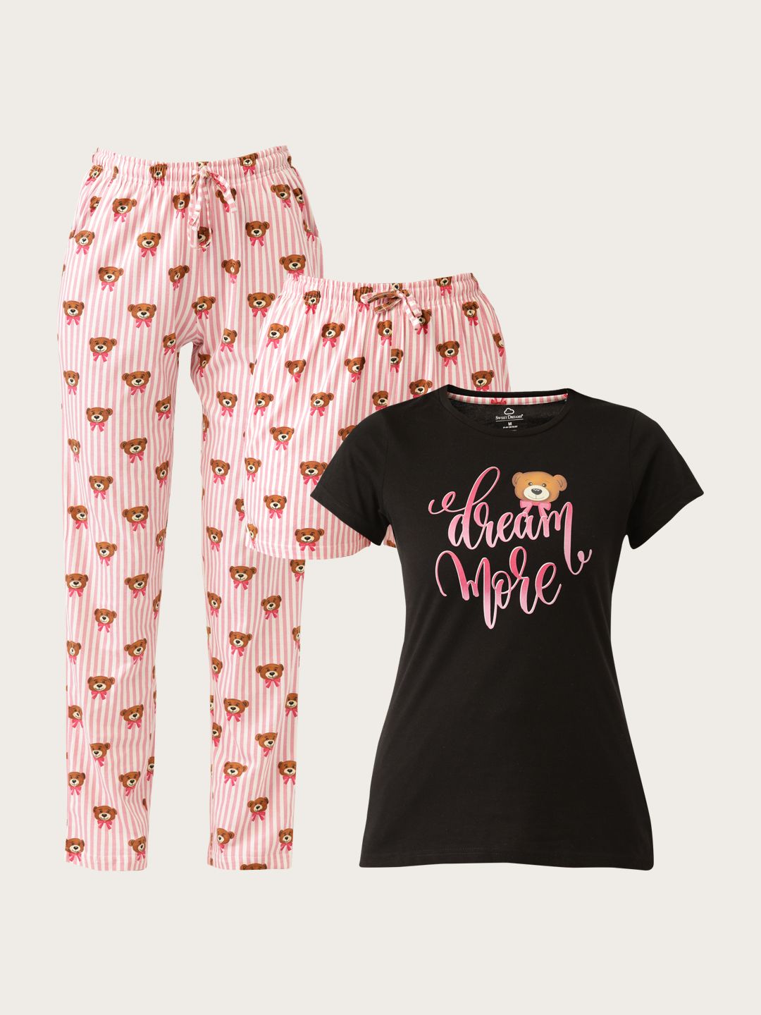 Sweet Dreams Black and Pink Cotton 3 Pc Printed Pyjama Set Price in India