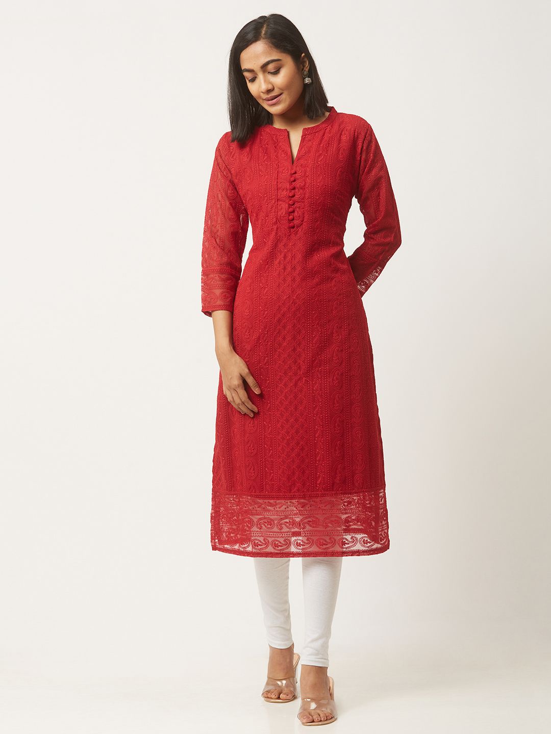 ZOLA Women Maroon Ethnic Motifs Embroidered Chikankari Kurta Price in India