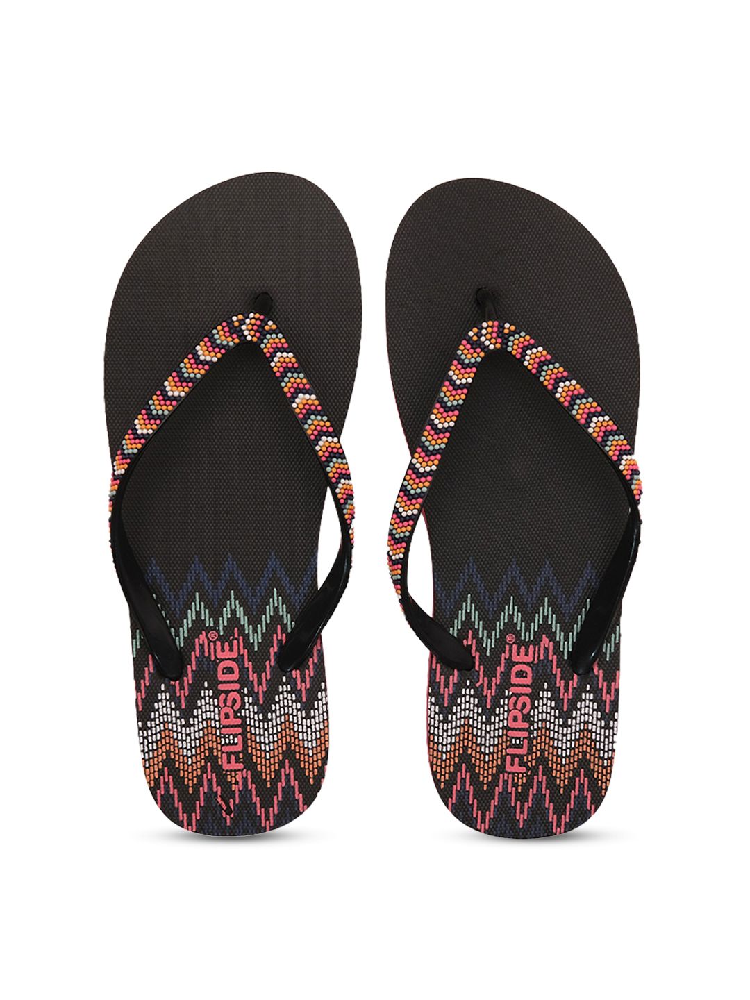 Flipside Women Black & Multicoloured Rubber Thong Flip-Flops Price in India