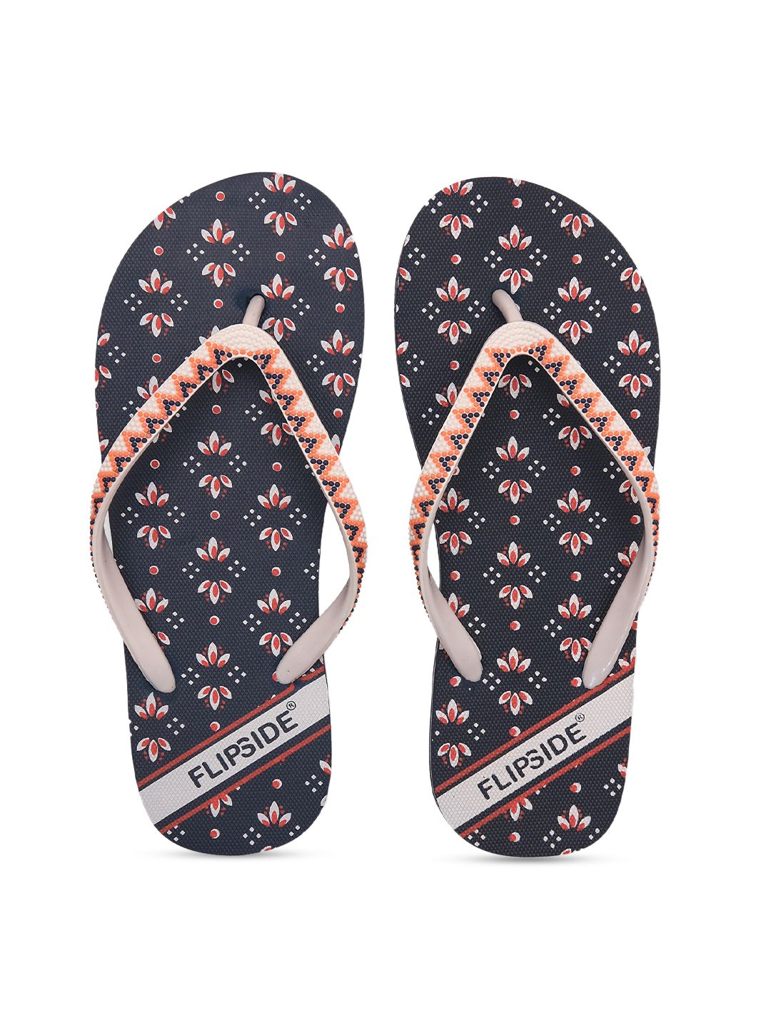 Flipside Women Navy Blue Raas Printed Rubber Thong Flip-Flops Price in India