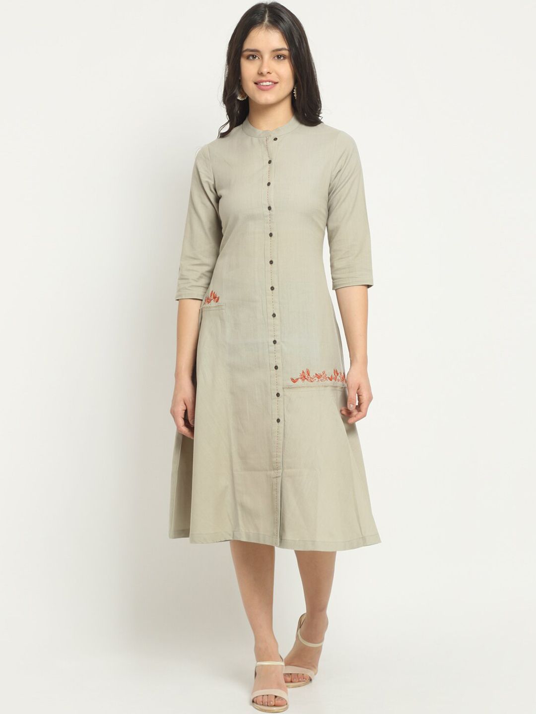 Ekmatra Green Floral Embroidered A-Line Midi Dress
