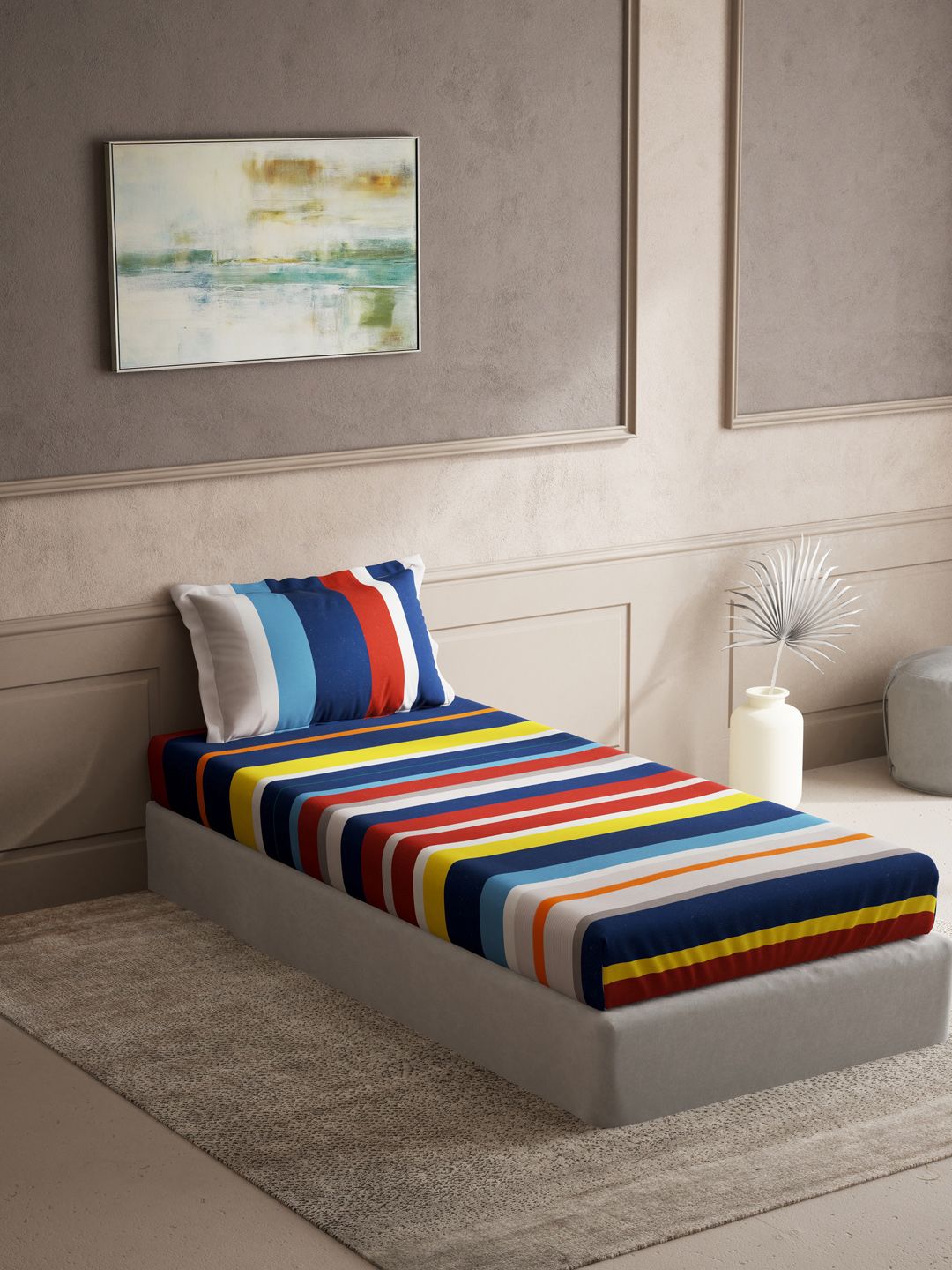 DDecor Multicoloured Striped 140 TC Cotton Single Bedsheet with 1 Pillow Covers Price in India