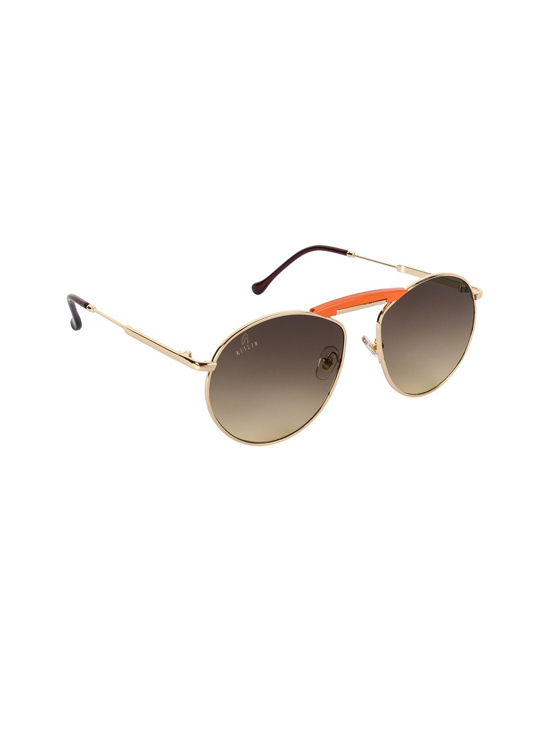 AISLIN Unisex Brown & Gold-Toned Full Rim Round Sunglasses