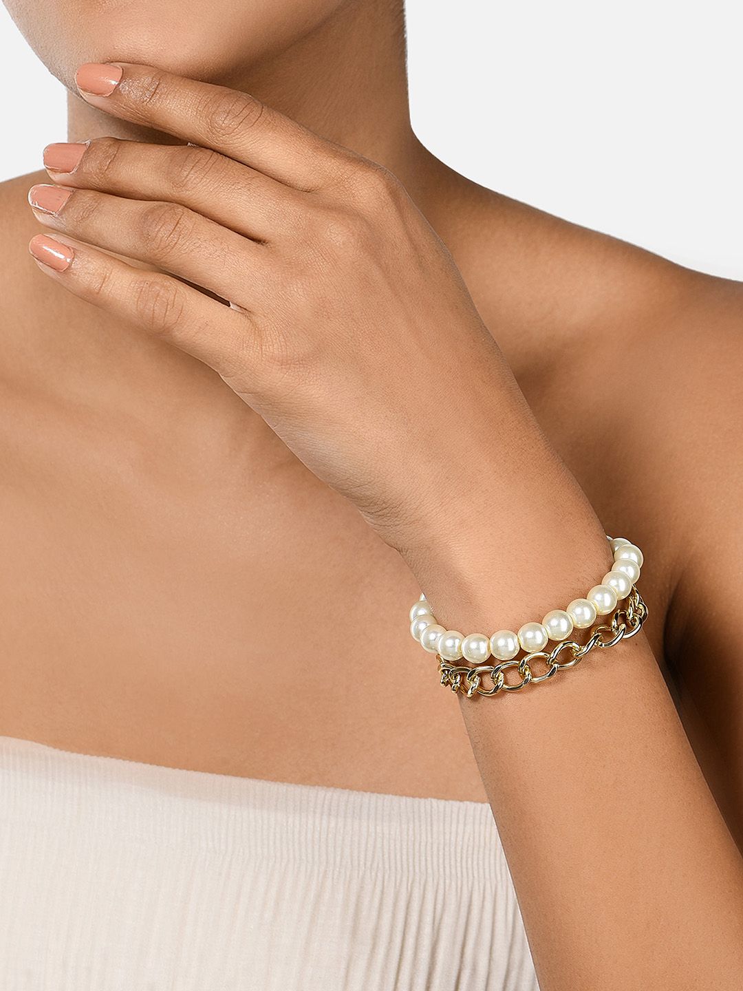Zaveri Pearls Women Rose Gold & White Rose Gold-Plated Wraparound Bracelet Price in India