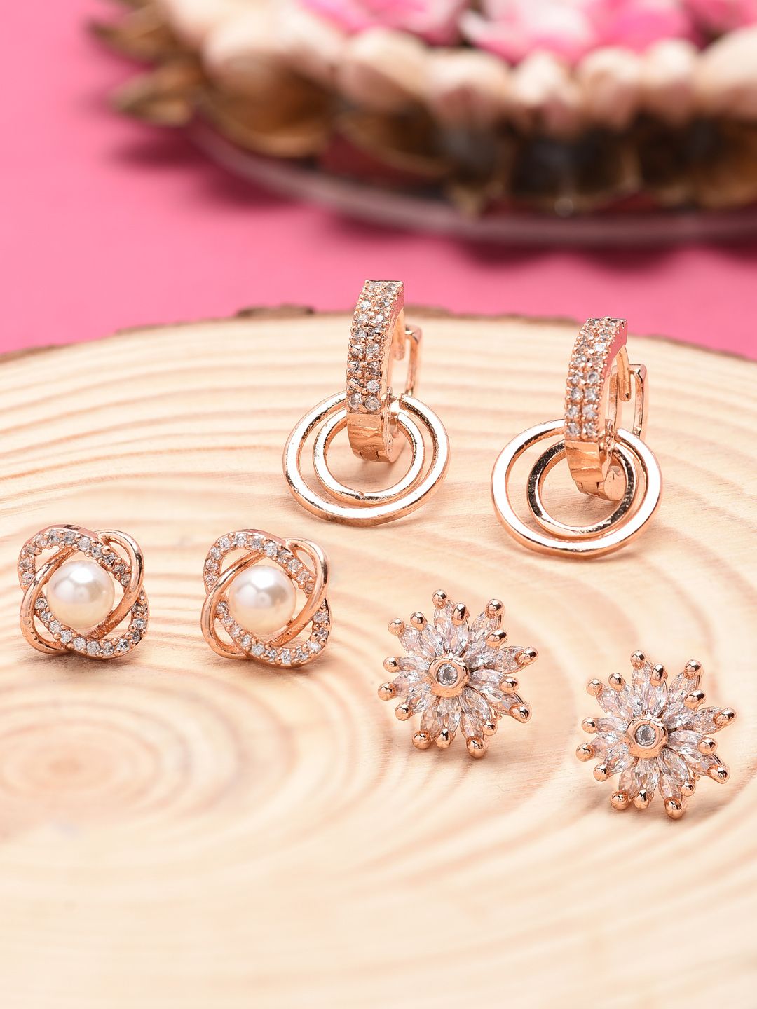 AMI Rose Gold Toned & Rose Gold Plated Set of 3 Contemporary Studs & Drop Earrings Price in India