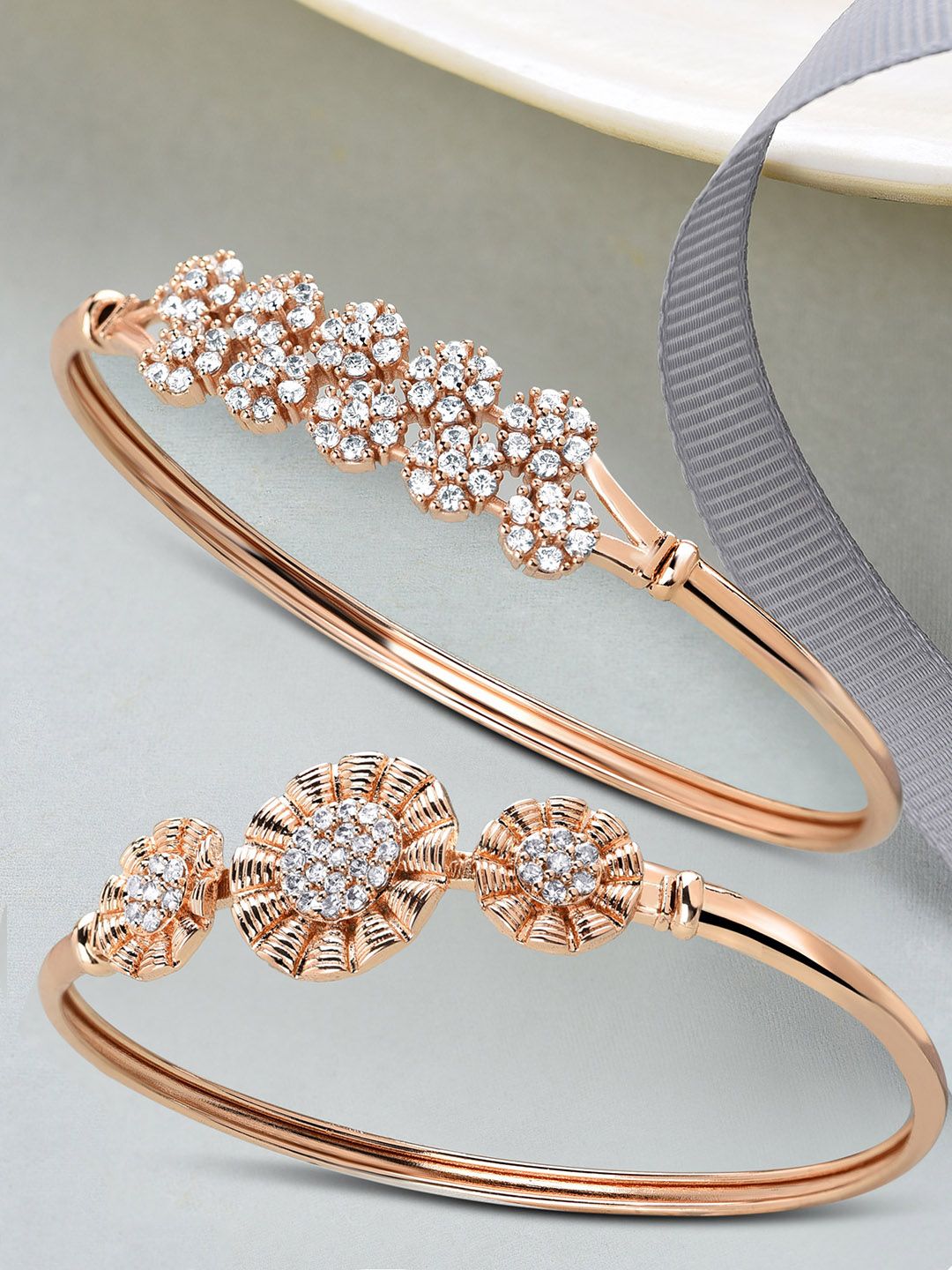 AMI Women Pack of 2 Rose Gold & White Brass Rose Gold-Plated Kada Bracelet Price in India