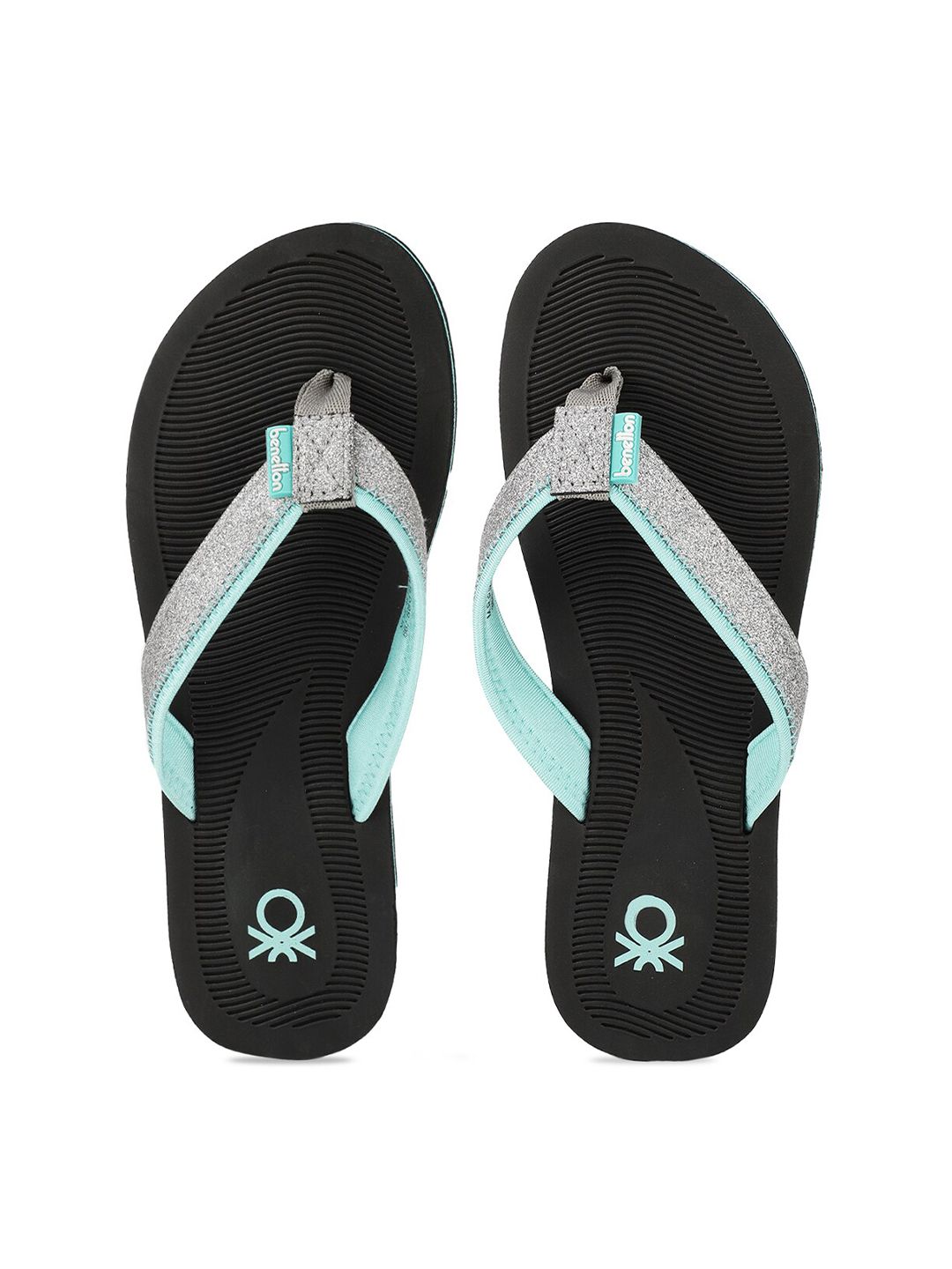 United Colors of Benetton Women Black & Silver-Toned Solid Thong Flip-Flops Price in India