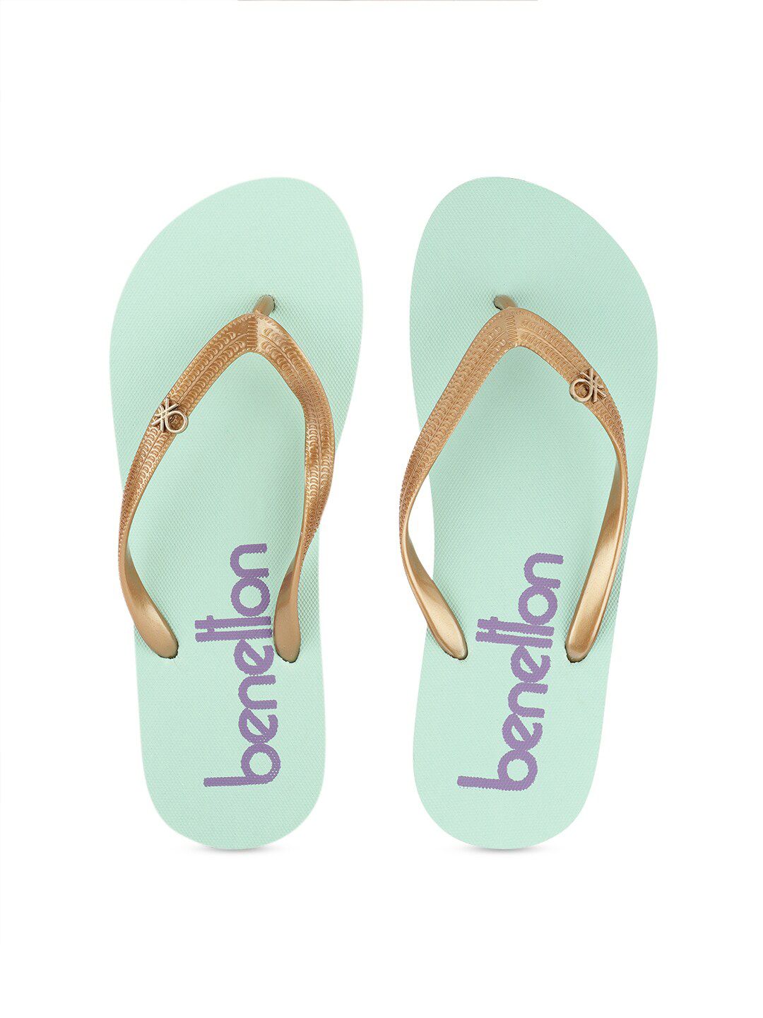 United Colors of Benetton Women Sea Green & Gold Solid Rubber Thong Flip-Flops Price in India